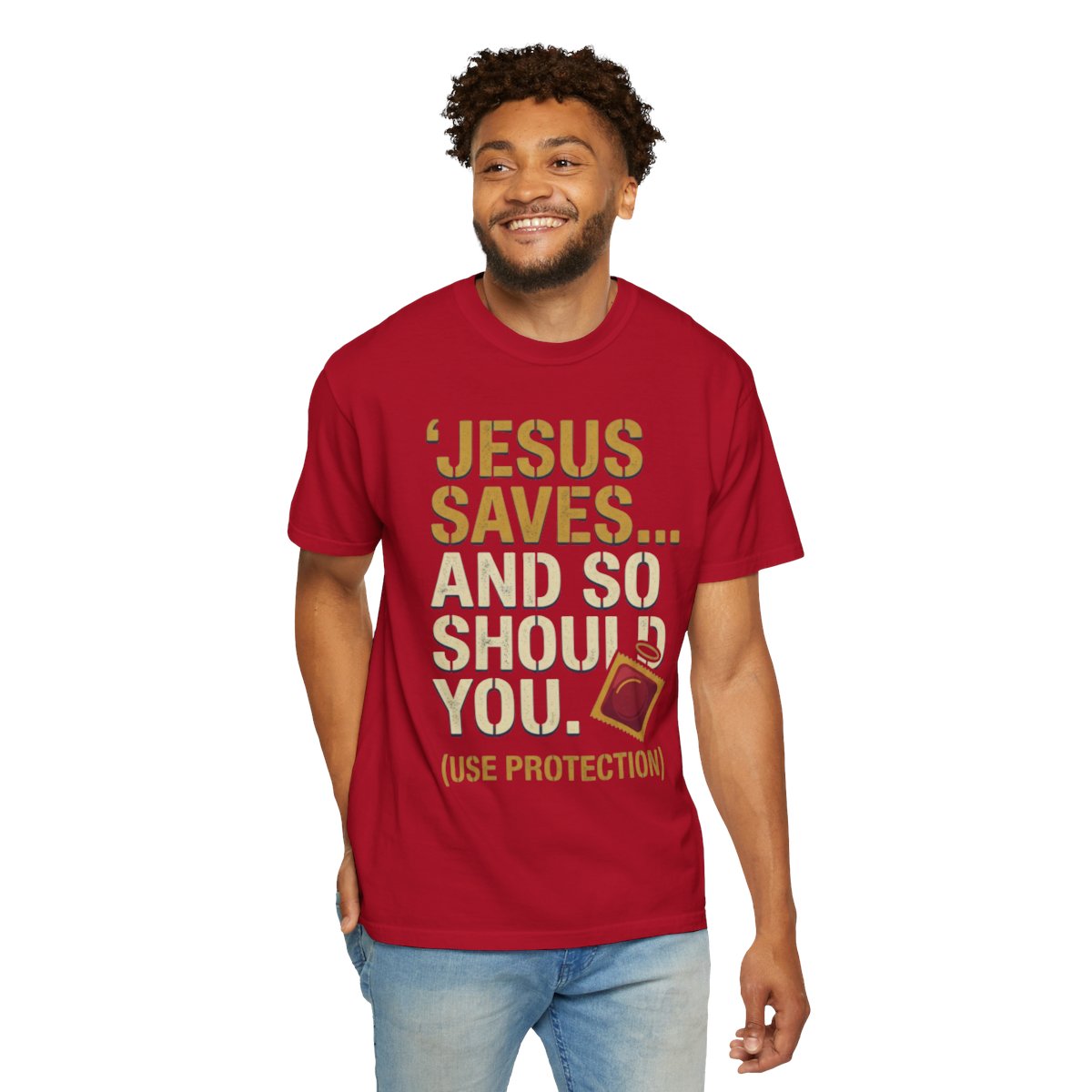 Color: Red | Good Book Series Jesus Saves and So Should You Unisex Garment-Dyed Tee