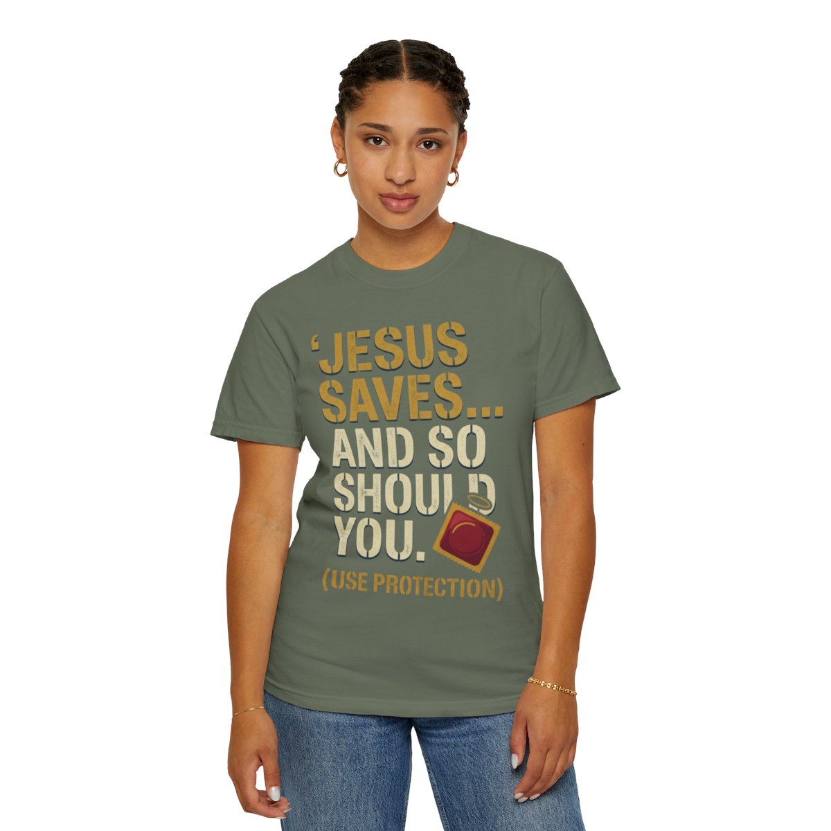 Color: Moss | Good Book Series Jesus Saves and So Should You Unisex Garment-Dyed Tee