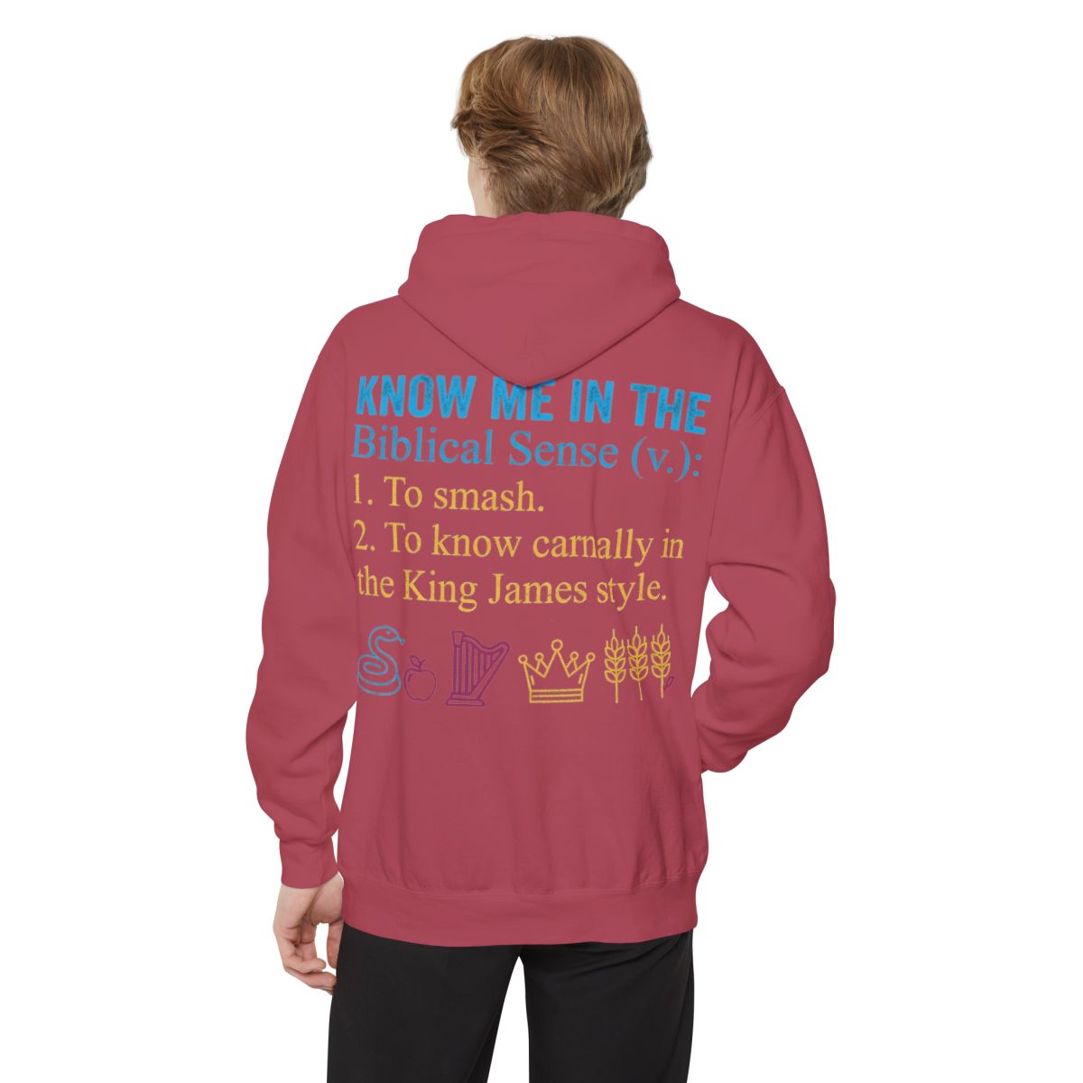 Color: Crimson | Good Book Series Know Me In The Biblical Sense Garment-Dyed Hoodie