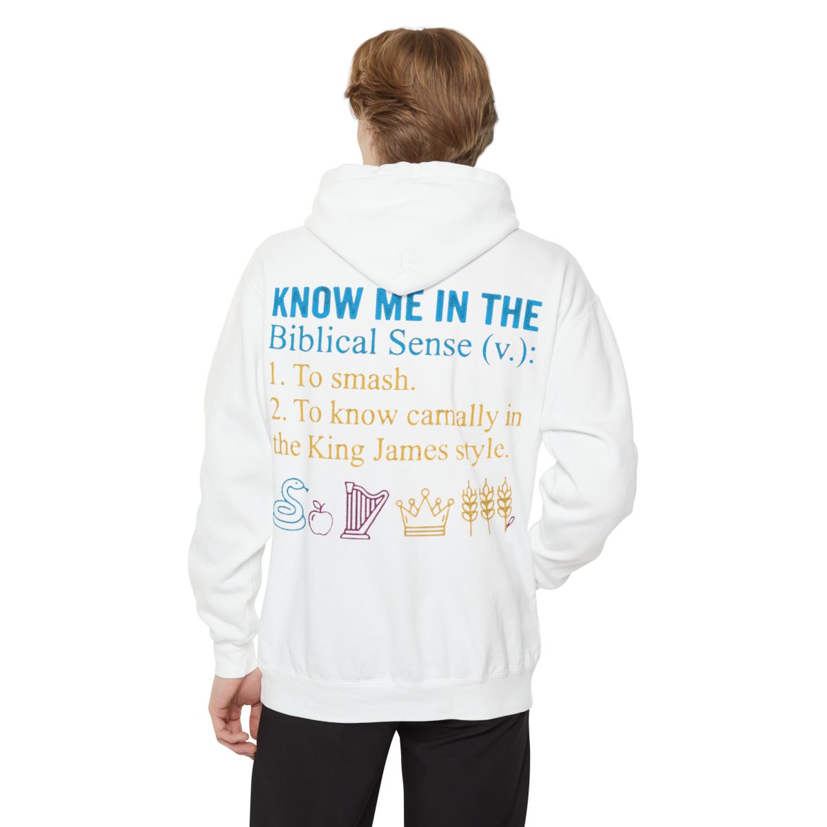 Color: White | Good Book Series Know Me In The Biblical Sense Garment-Dyed Hoodie