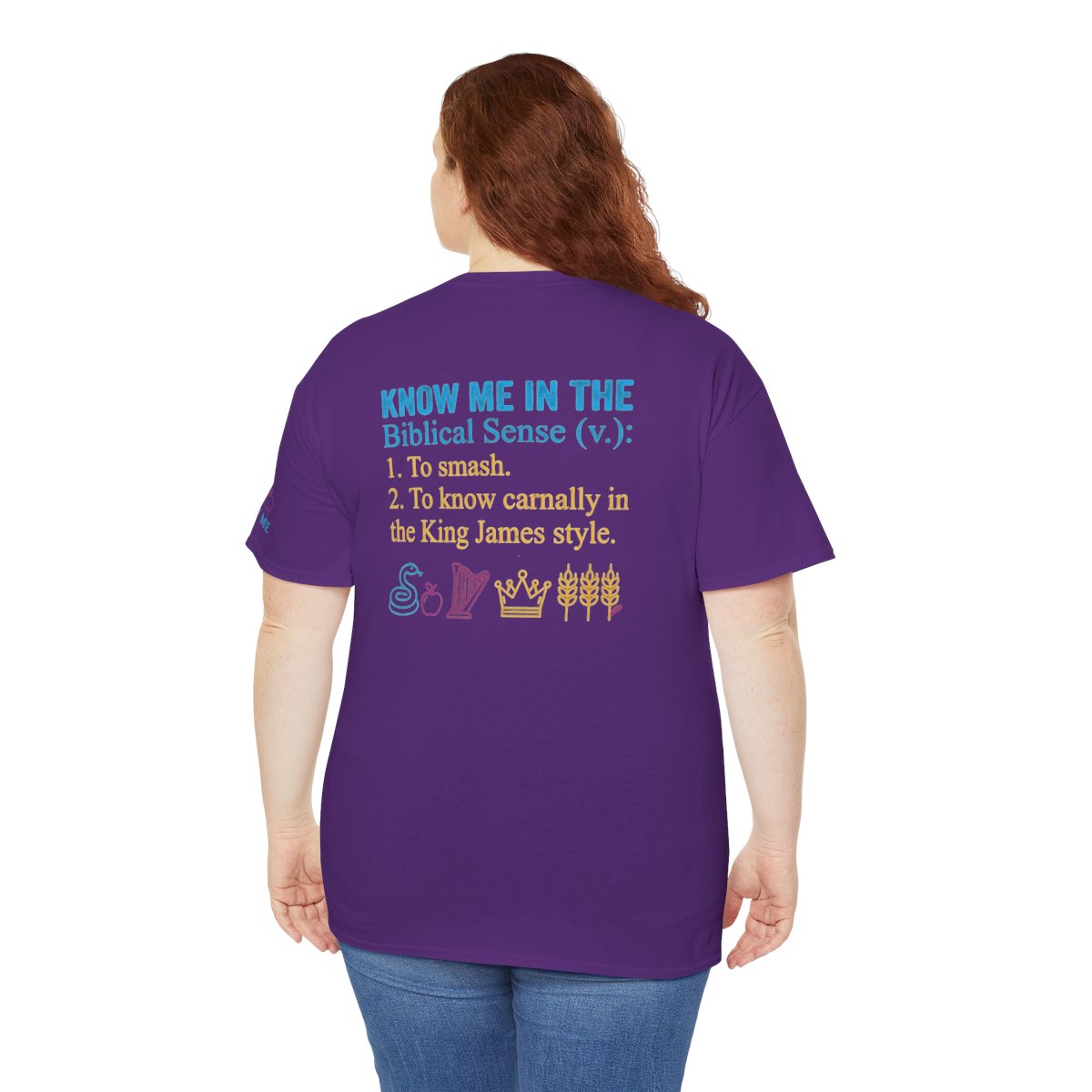 Color: Purple | Good Book Series Know Me In The Biblical Sense Premium Graphic Tee