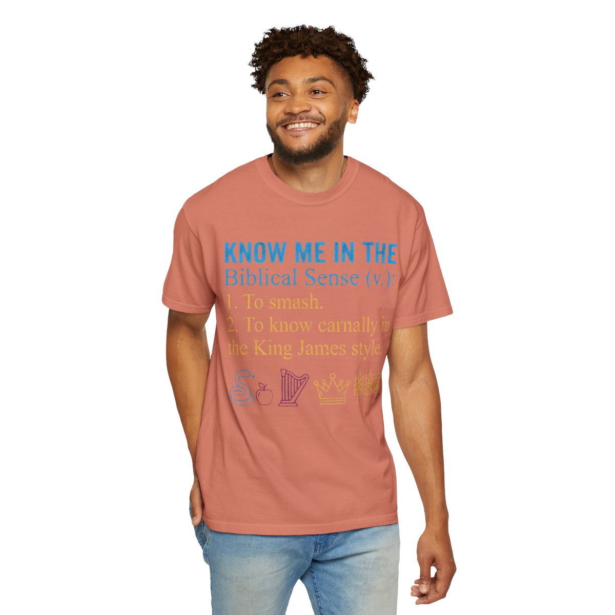 Color: Terracotta | Good Book Series Know Me In The Biblical Sense Unisex Garment-Dyed Tee