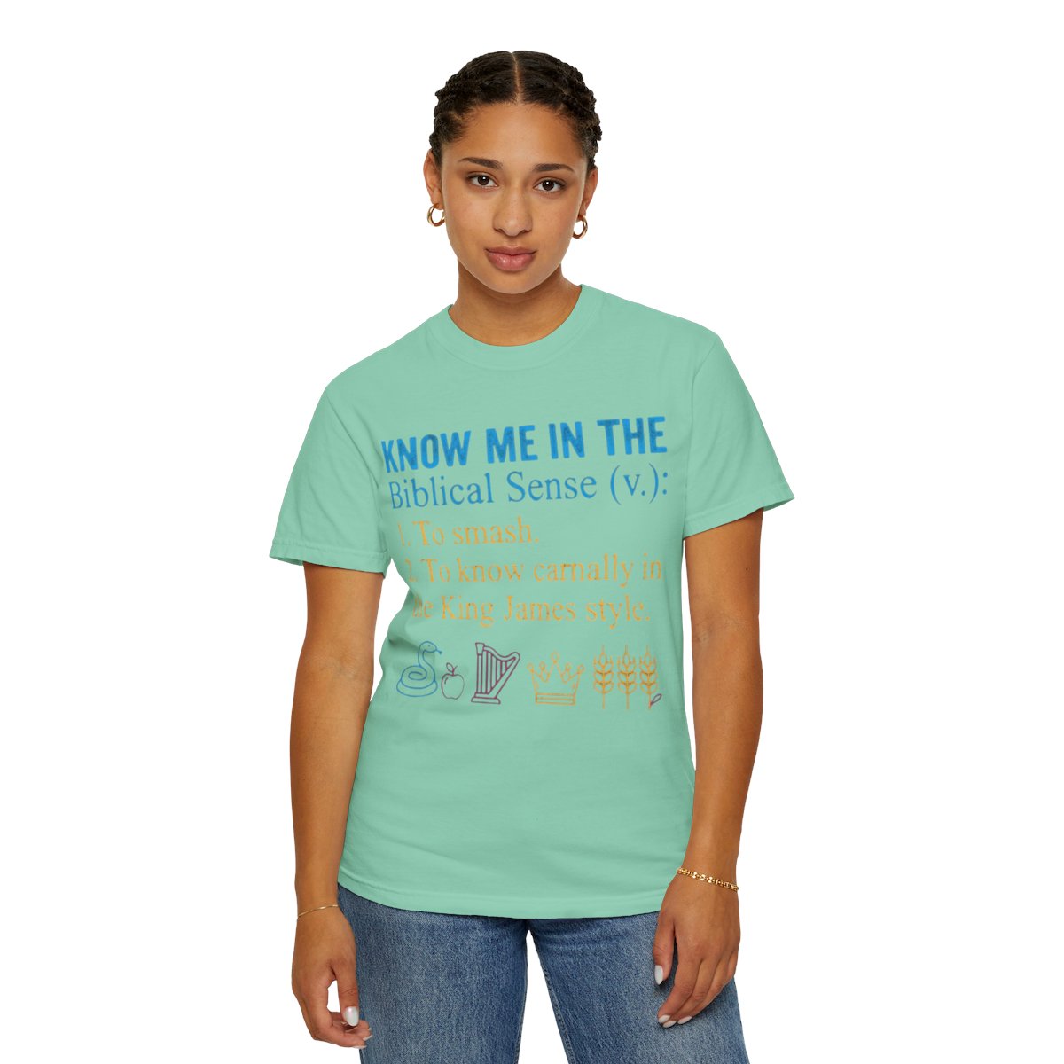 Color: Island Reef | Good Book Series Know Me In The Biblical Sense Unisex Garment-Dyed Tee