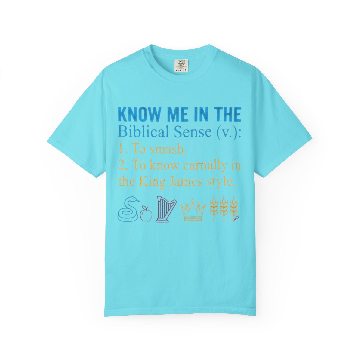 Color: Lagoon Blue | Good Book Series Know Me In The Biblical Sense Unisex Garment-Dyed Tee