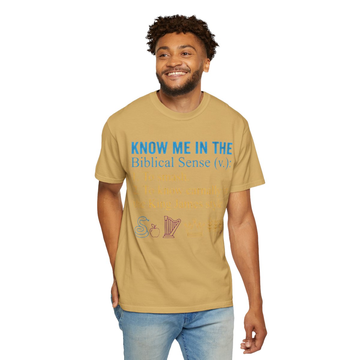 Color: Mustard | Good Book Series Know Me In The Biblical Sense Unisex Garment-Dyed Tee