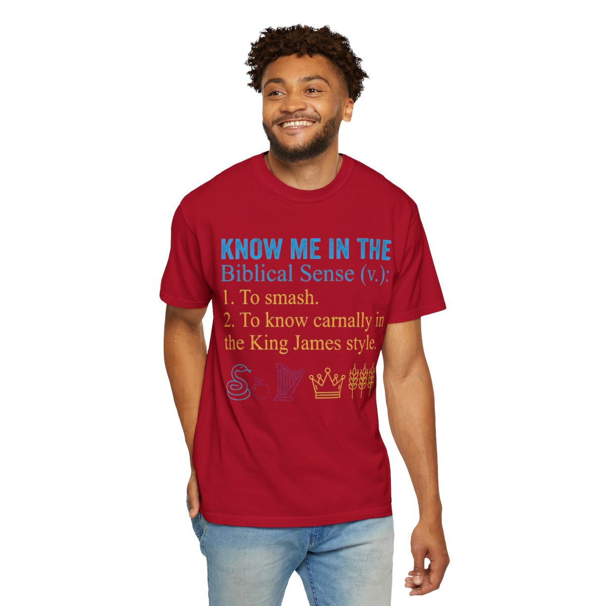 Color: Red | Good Book Series Know Me In The Biblical Sense Unisex Garment-Dyed Tee