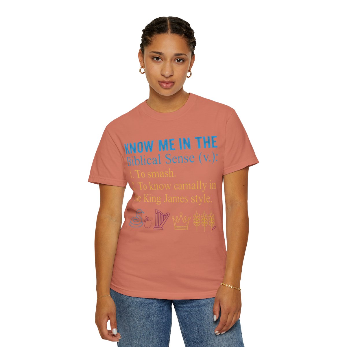 Color: Terracotta | Good Book Series Know Me In The Biblical Sense Unisex Garment-Dyed Tee