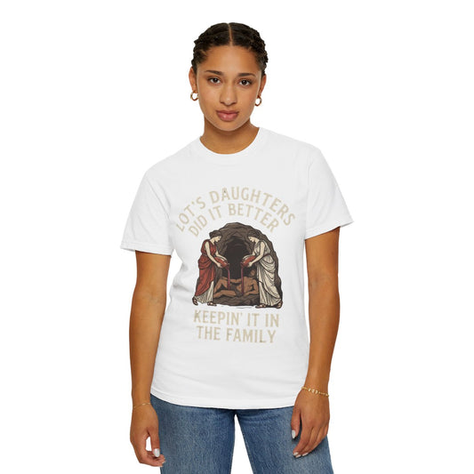 Color: White | Good Book Series Lot's Daughters Unisex Garment-Dyed Tee
