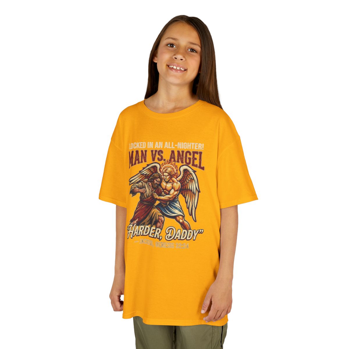 Color: Gold | Good Book Series Man vs Angel Kids Tee