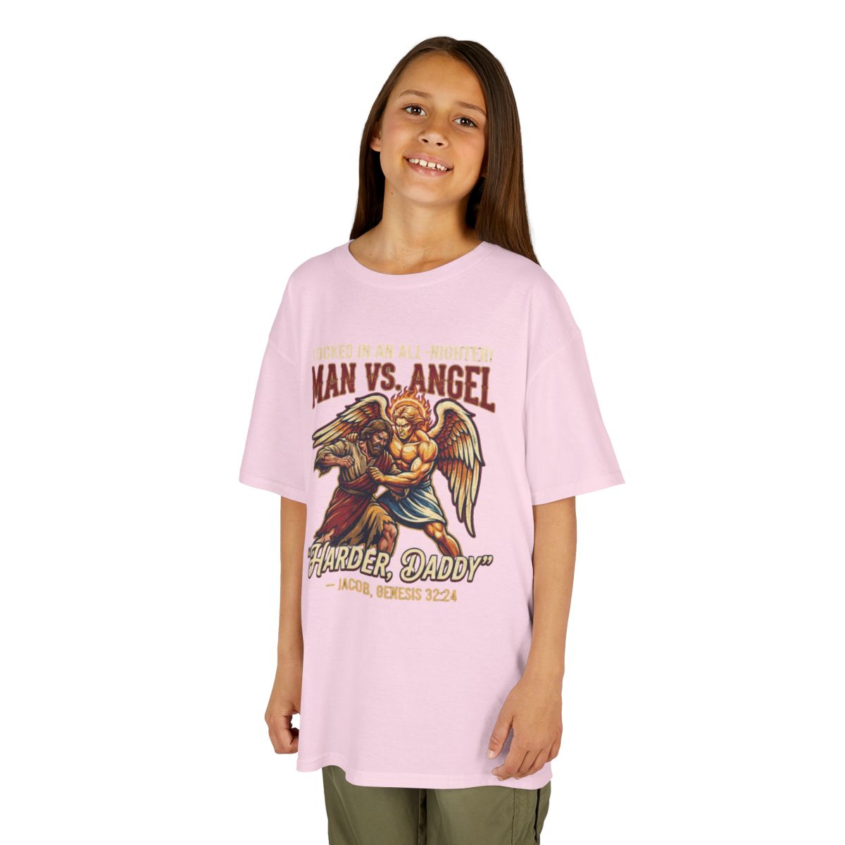 Color: Light Pink | Good Book Series Man vs Angel Kids Tee