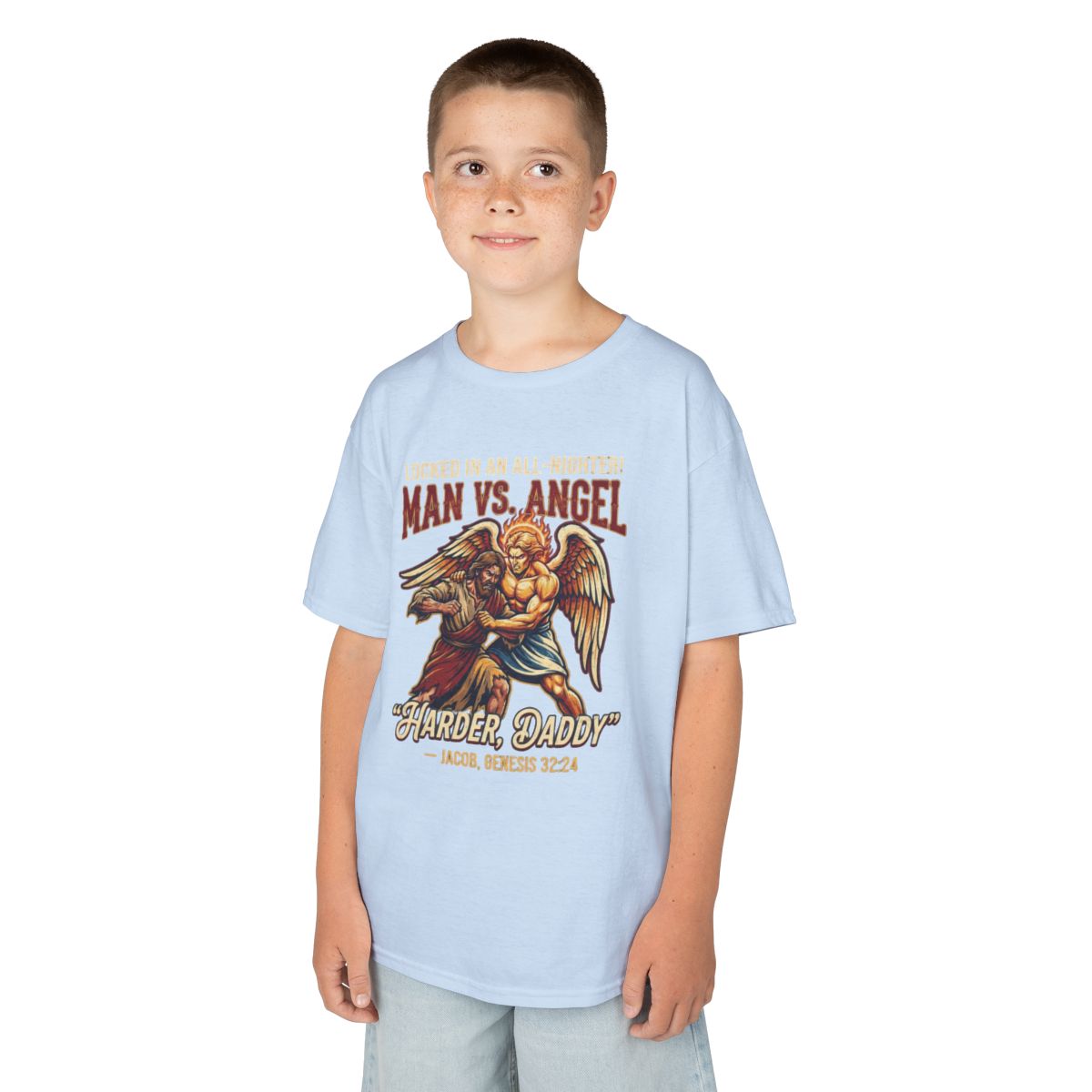 Color: Light Blue | Good Book Series Man vs Angel Kids Tee