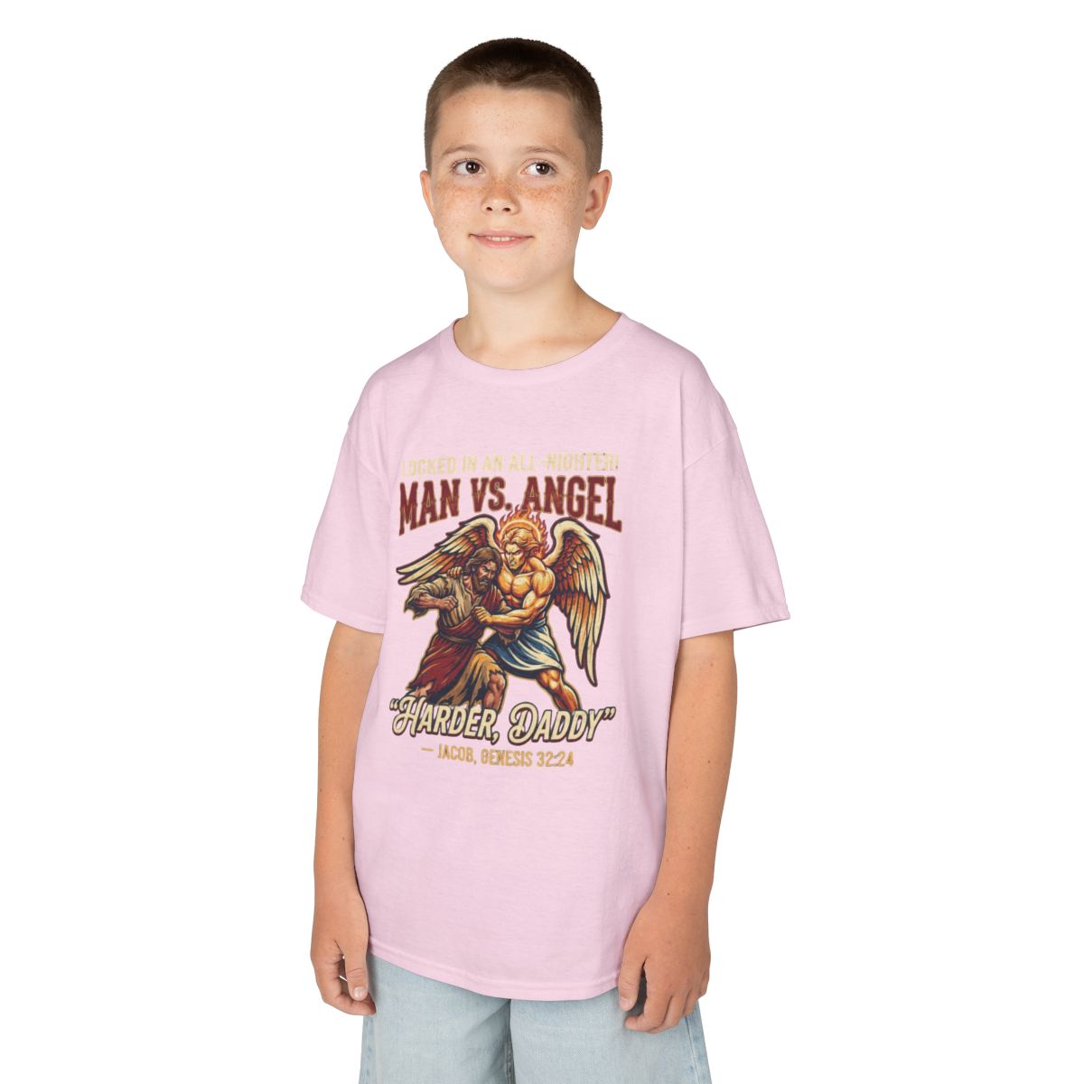Color: Light Pink | Good Book Series Man vs Angel Kids Tee
