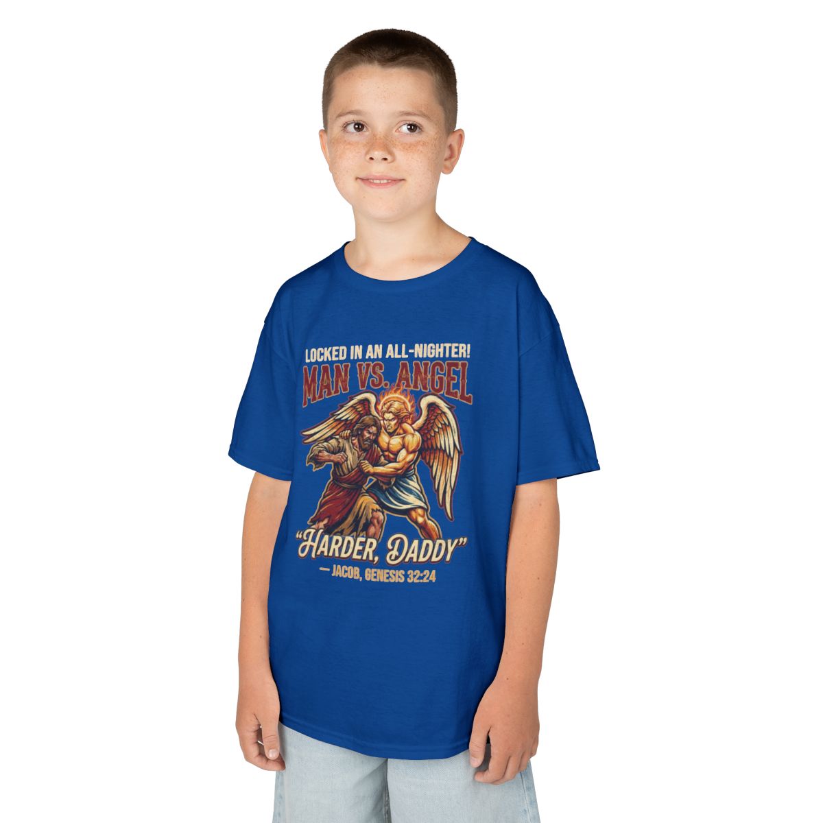 Color: Royal | Good Book Series Man vs Angel Kids Tee