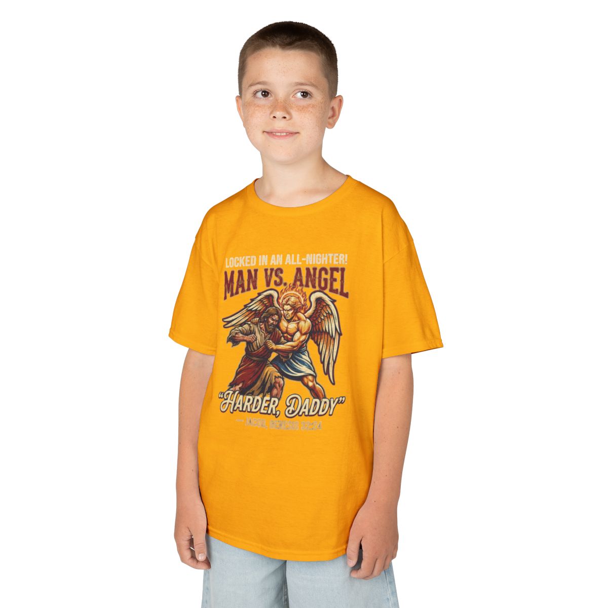 Color: Gold | Good Book Series Man vs Angel Kids Tee