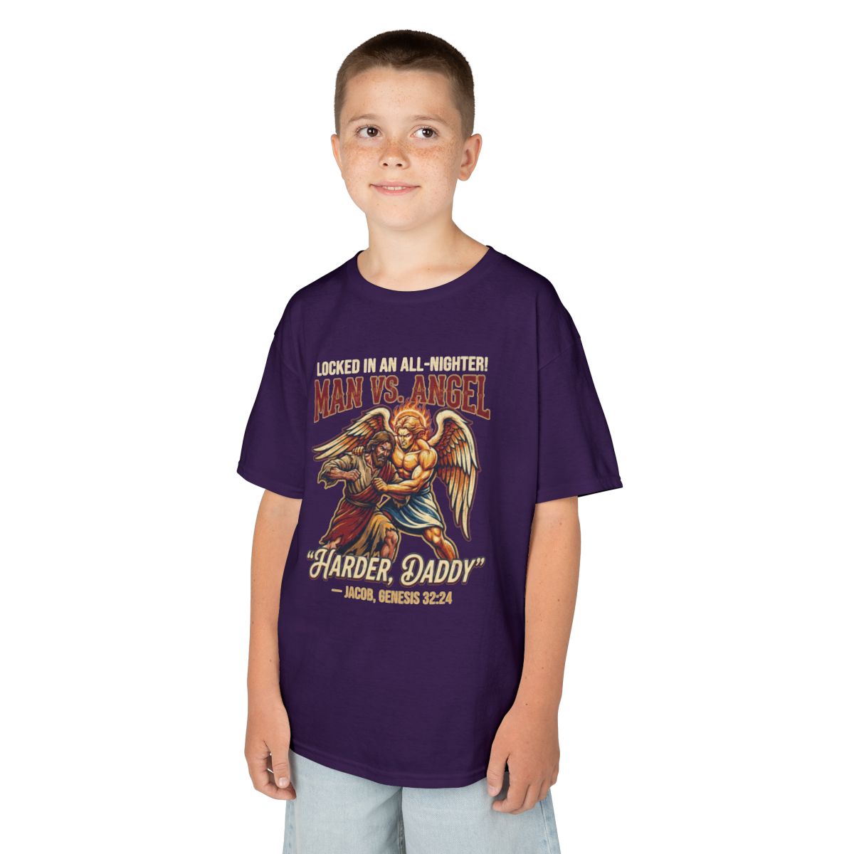 Color: Purple | Good Book Series Man vs Angel Kids Tee