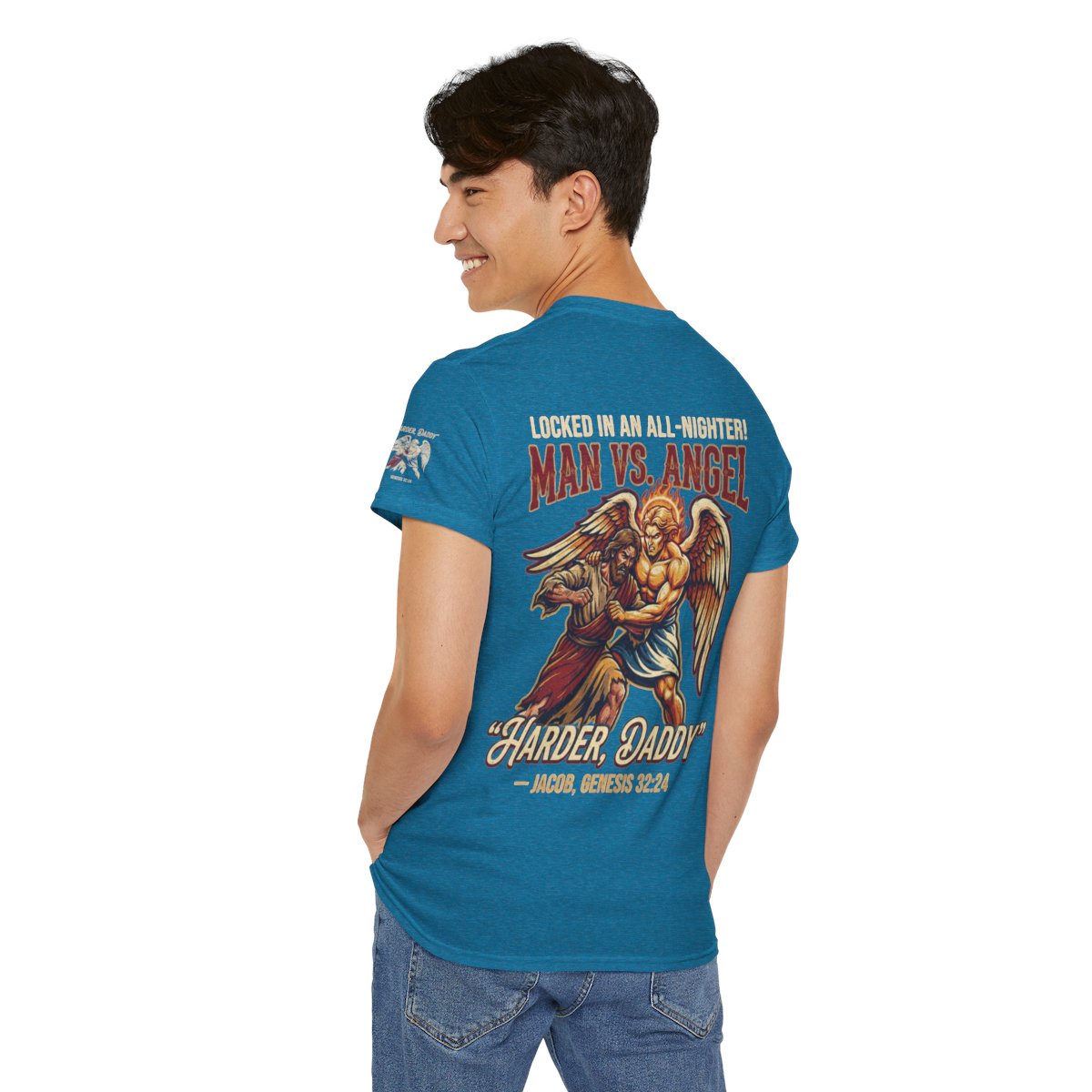 Color: Antique Sapphire | Good Book Series Man vs Angel Premium Graphic Tee