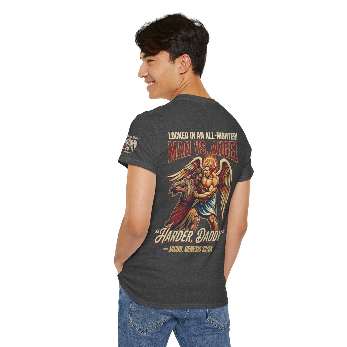 Color: Dark Heather | Good Book Series Man vs Angel Premium Graphic Tee
