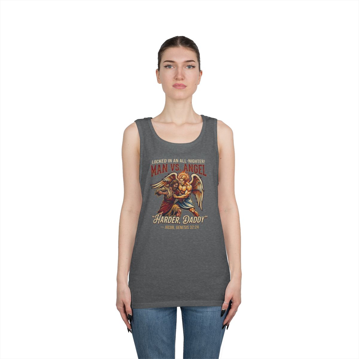 Color: Graphite Heather | Good Book Series Man vs Angel Tank Top