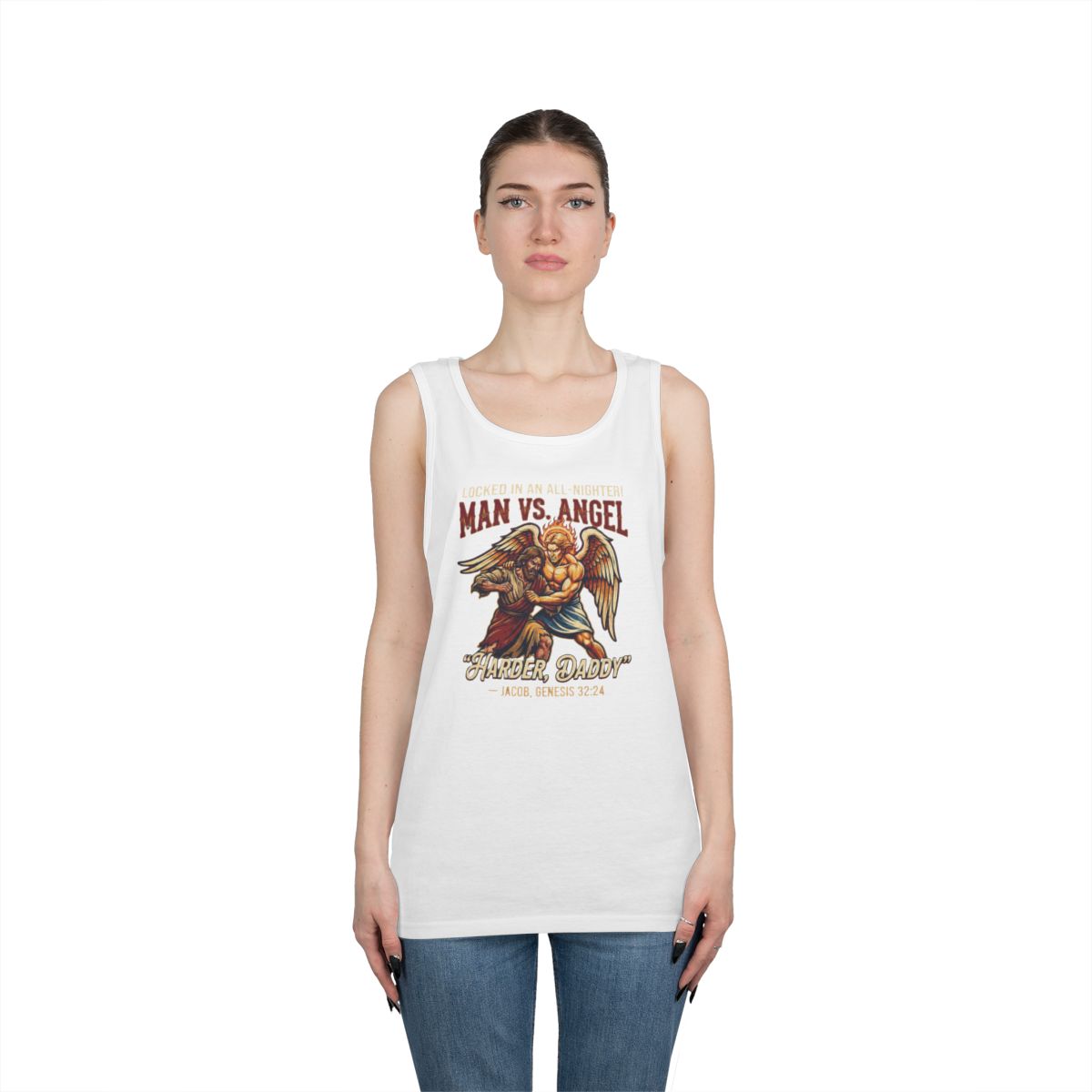 Color: White | Good Book Series Man vs Angel Tank Top
