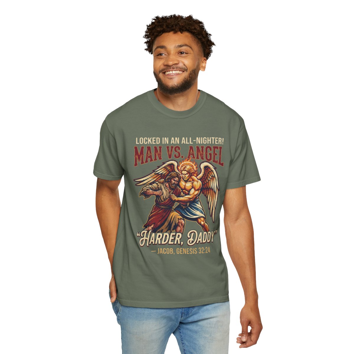 Color: Moss | Good Book Series Man vs Angel Unisex Garment-Dyed Tee