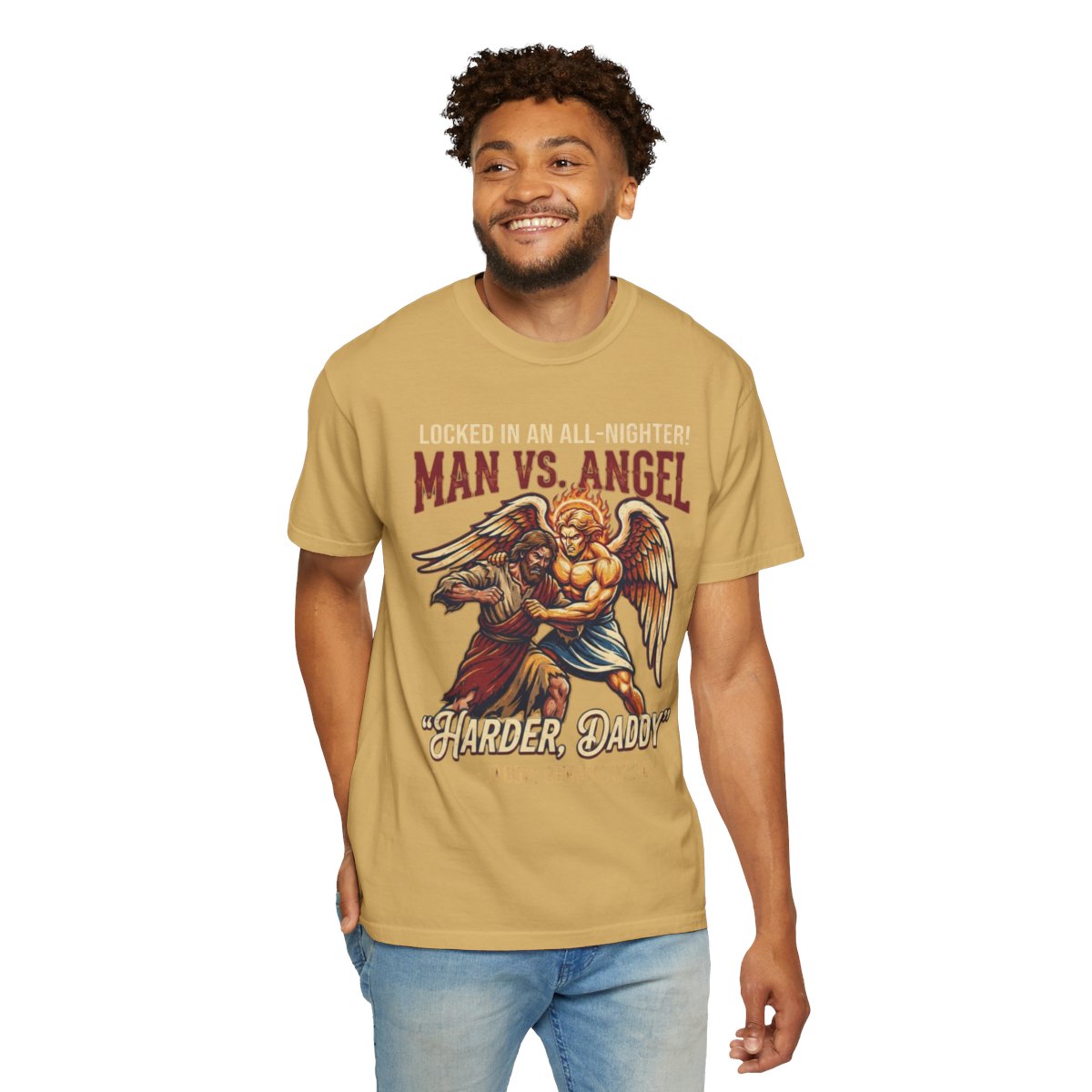 Color: Mustard | Good Book Series Man vs Angel Unisex Garment-Dyed Tee