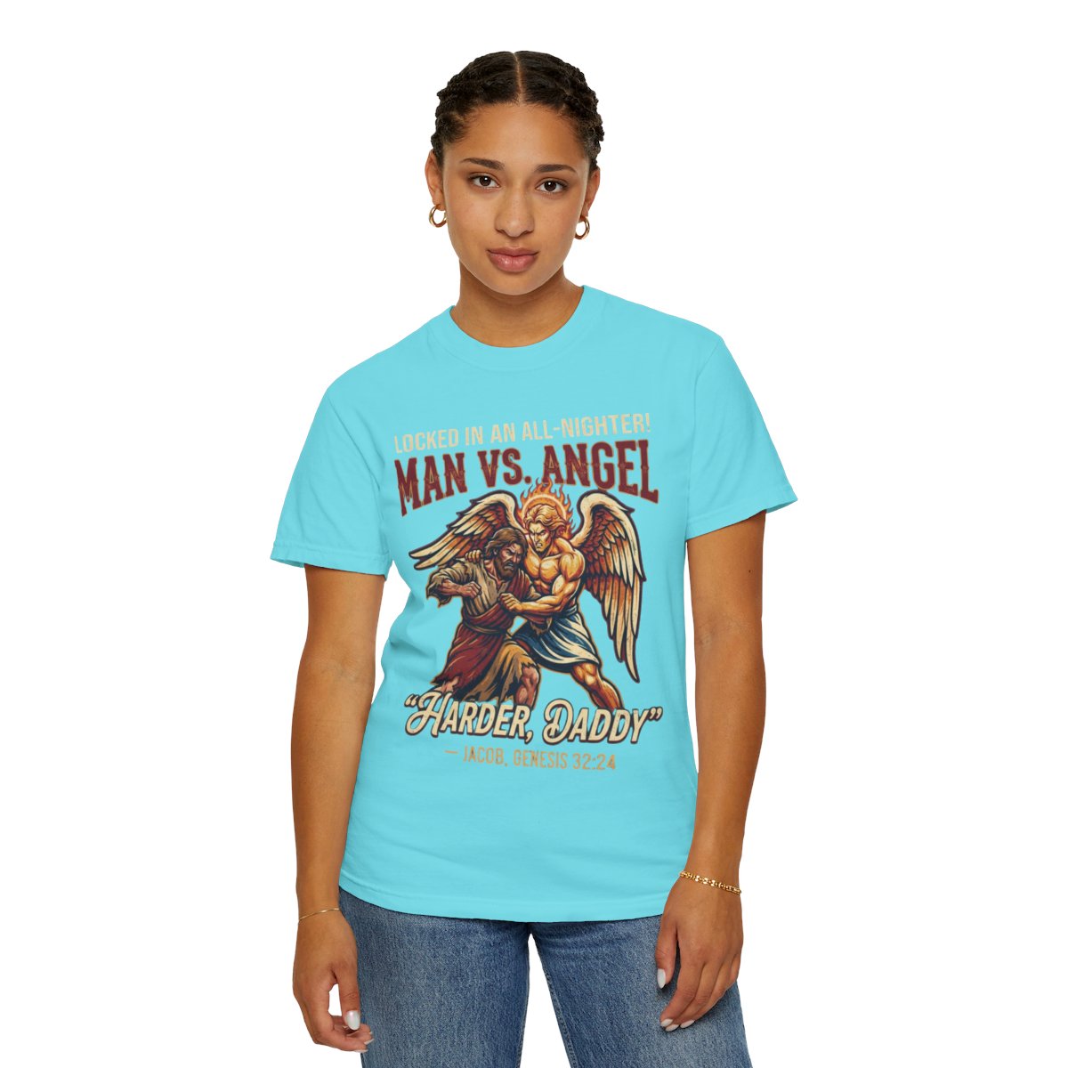 Color: Lagoon Blue | Good Book Series Man vs Angel Unisex Garment-Dyed Tee