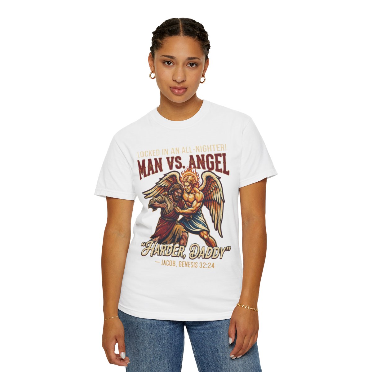 Color: White | Good Book Series Man vs Angel Unisex Garment-Dyed Tee