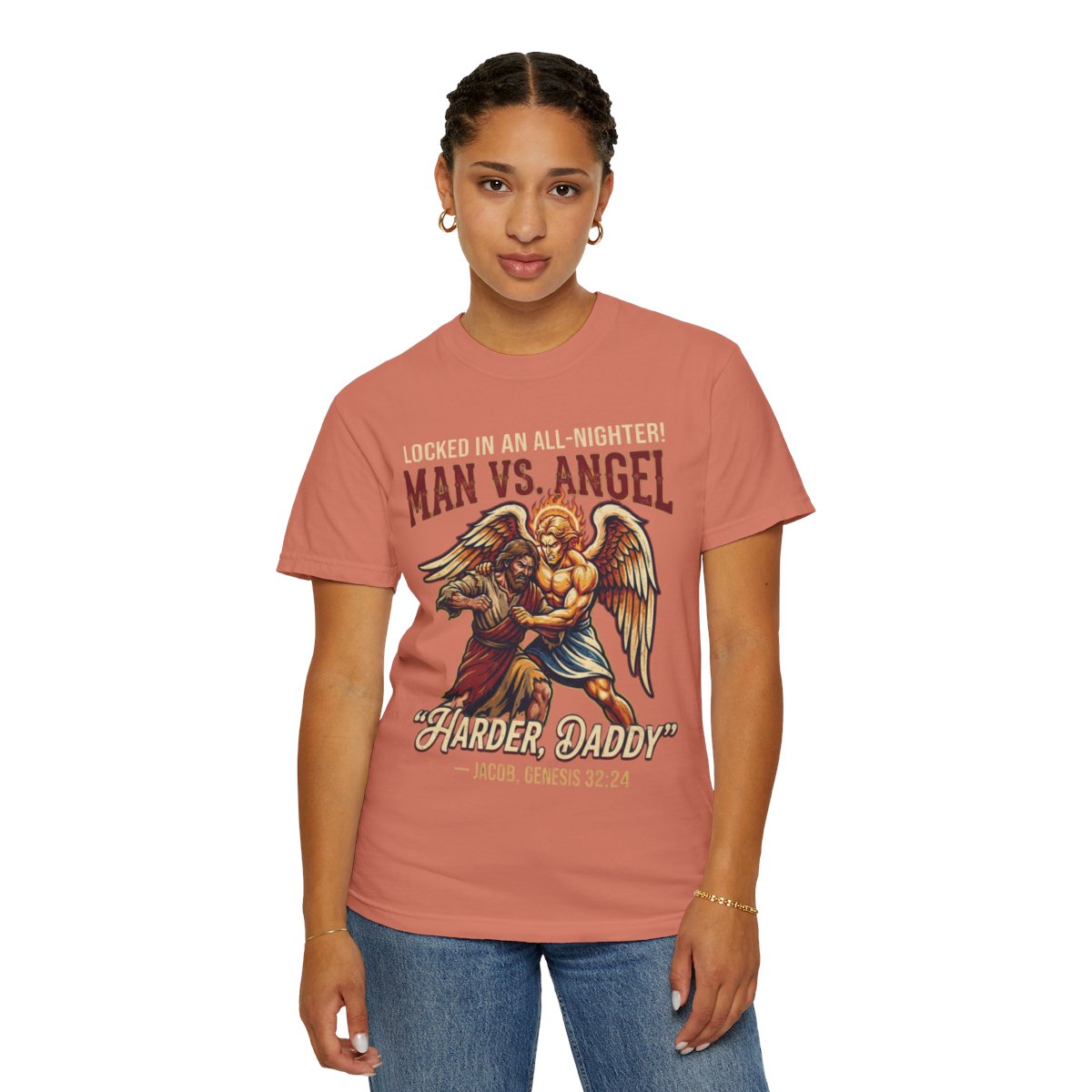 Color: Terracotta | Good Book Series Man vs Angel Unisex Garment-Dyed Tee