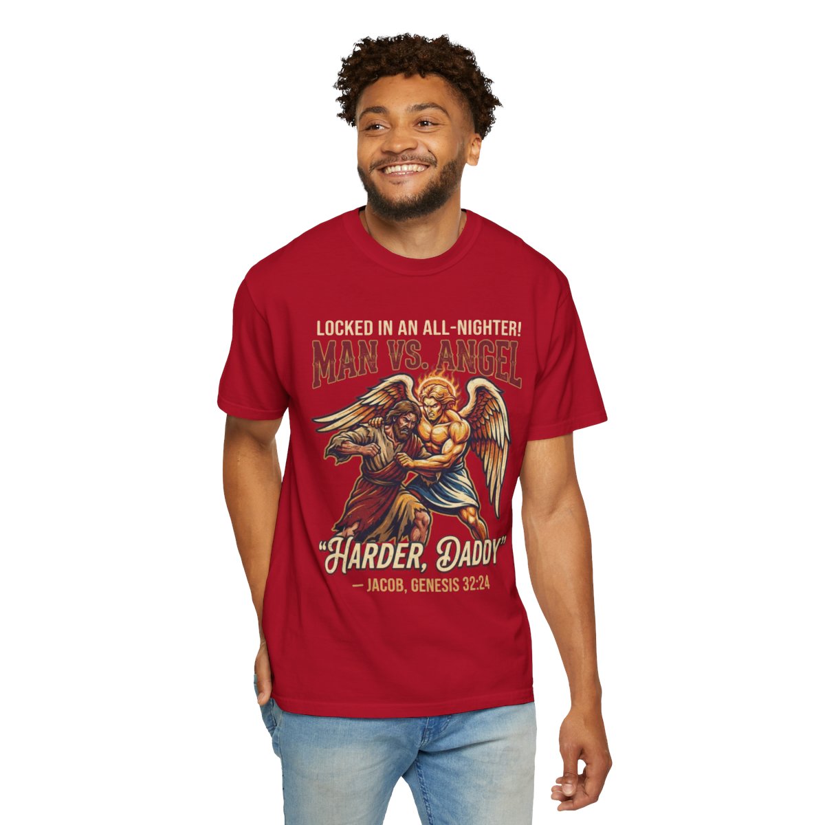 Color: Red | Good Book Series Man vs Angel Unisex Garment-Dyed Tee