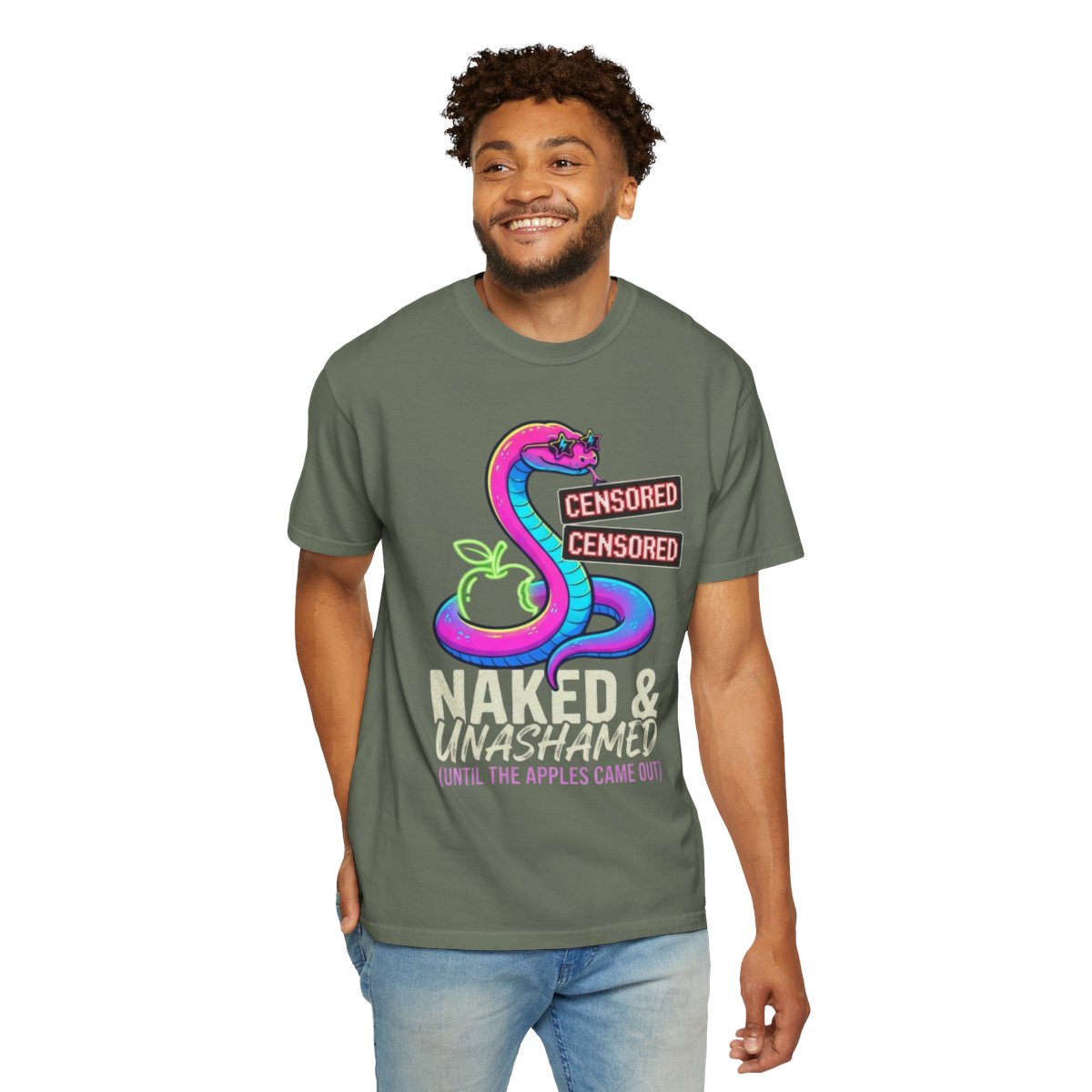Color: Moss | Good Book Series Naked & Unashamed Unisex Garment-Dyed Tee