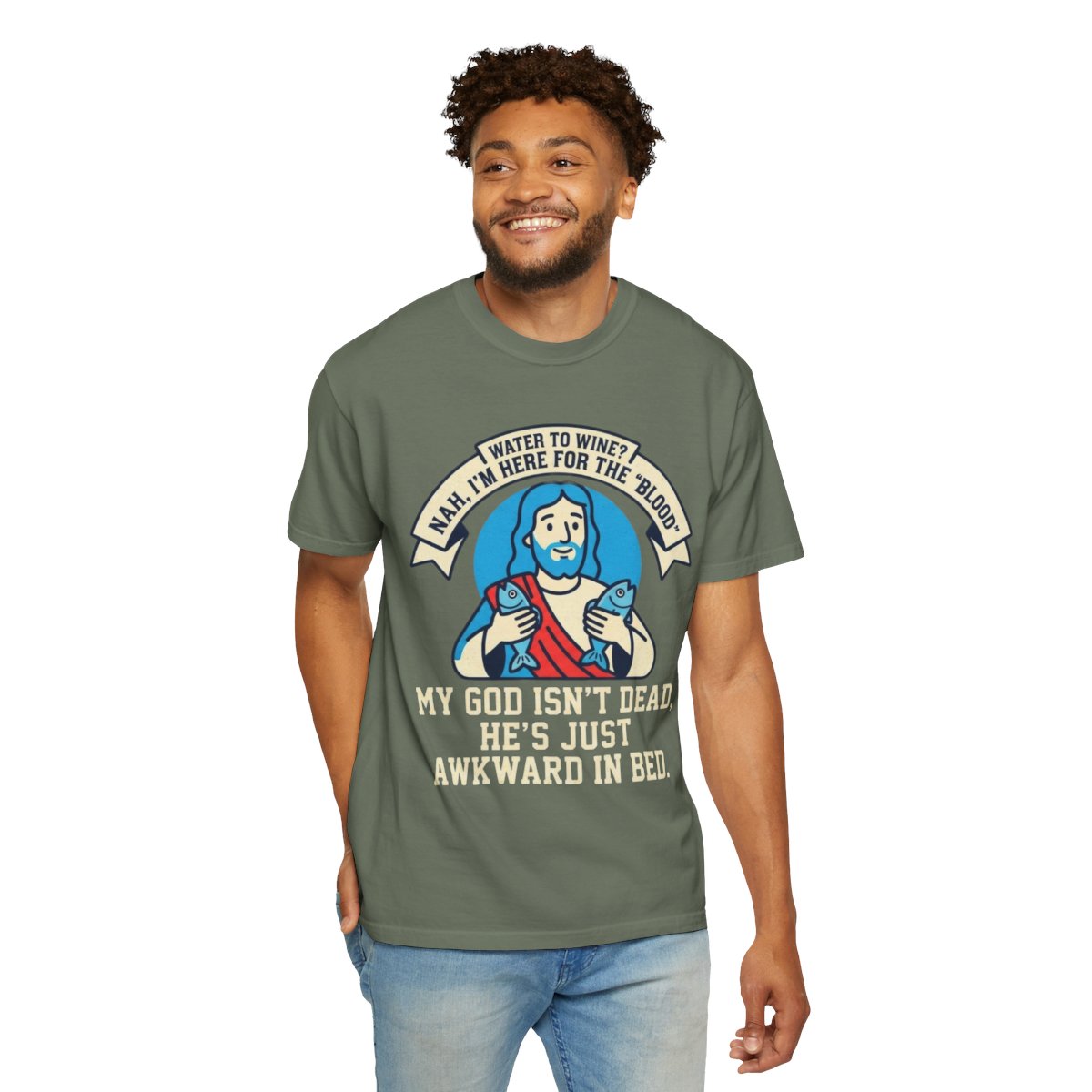 Color: Moss | Good Book Series Not Dead Awkward In Bed Unisex Garment-Dyed Tee
