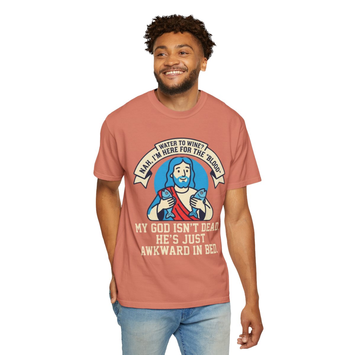 Color: Terracotta | Good Book Series Not Dead Awkward In Bed Unisex Garment-Dyed Tee