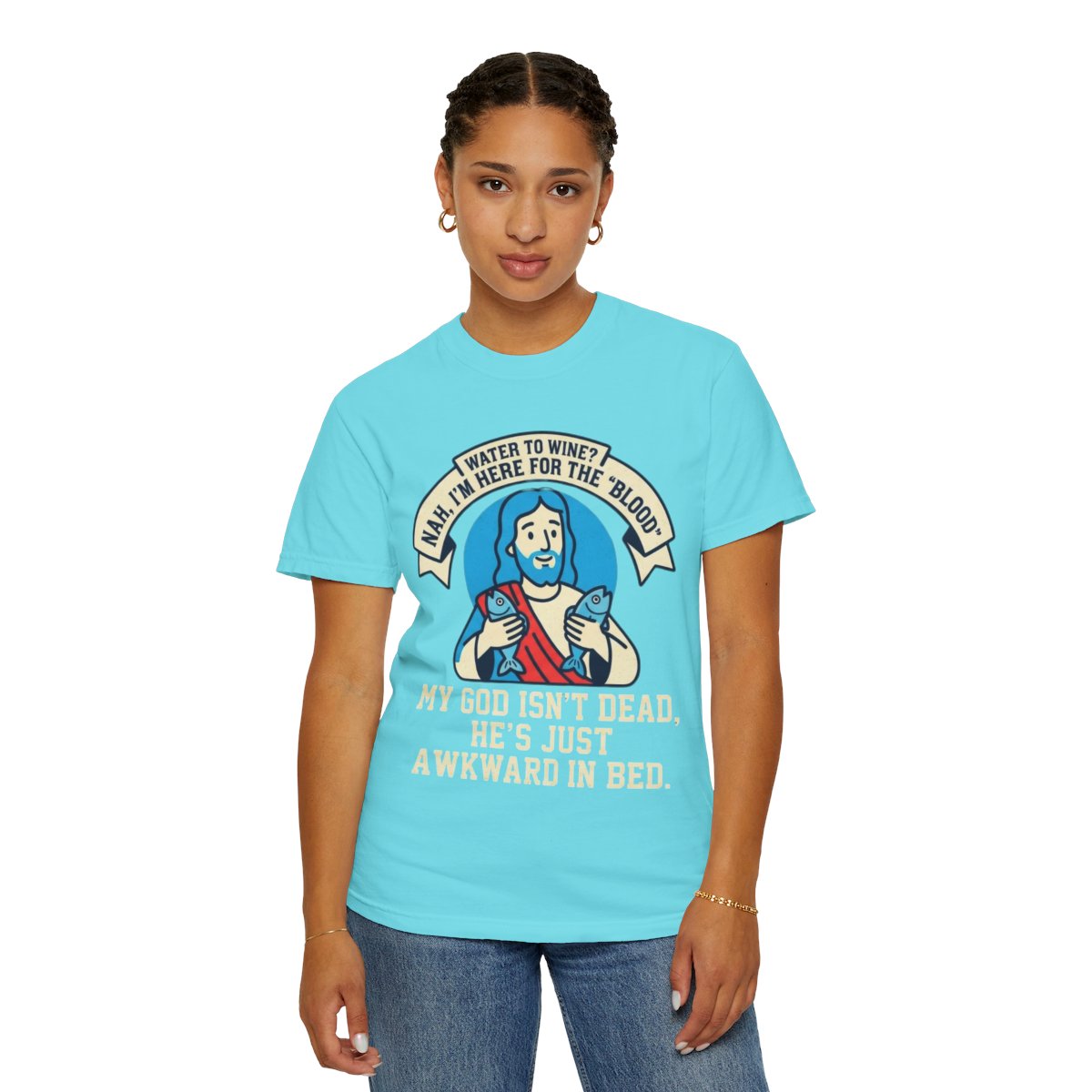 Color: Lagoon Blue | Good Book Series Not Dead Awkward In Bed Unisex Garment-Dyed Tee