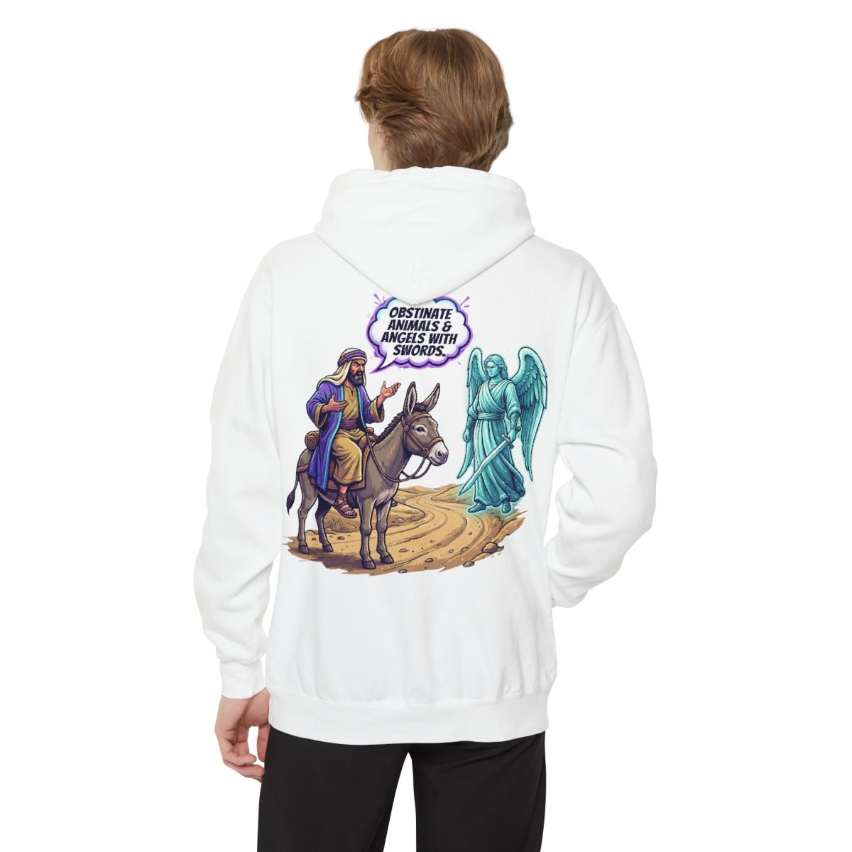 Color: White | Good Book Series Obstinate Animals & Angels With Swords Garment-Dyed Hoodie