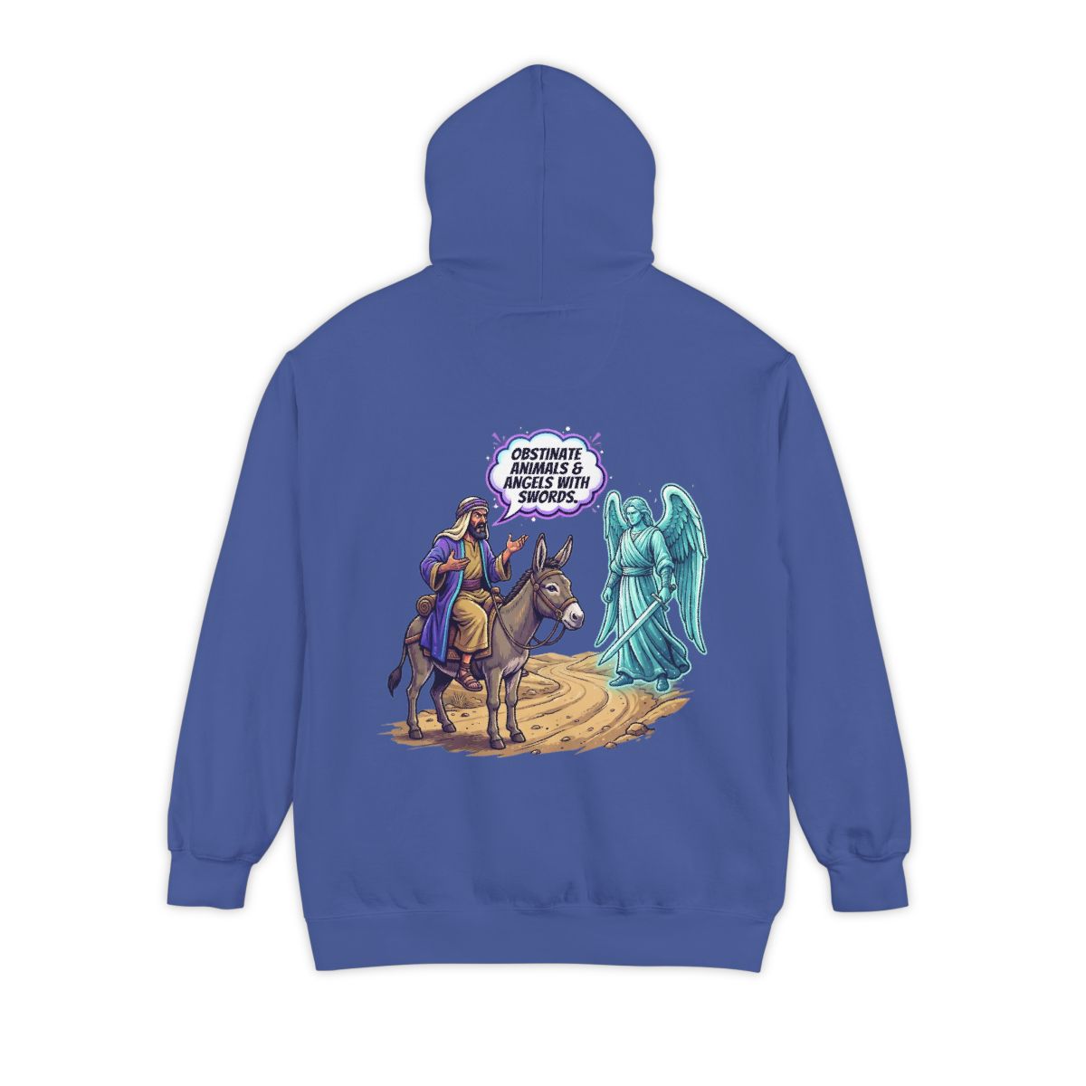 Color: Flo Blue | Good Book Series Obstinate Animals & Angels With Swords Garment-Dyed Hoodie