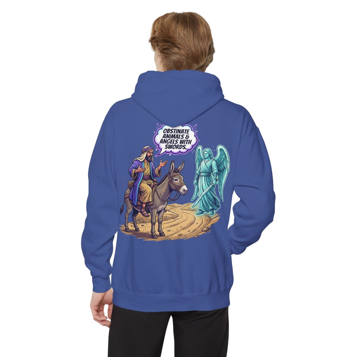 Color: Flo Blue | Good Book Series Obstinate Animals & Angels With Swords Garment-Dyed Hoodie