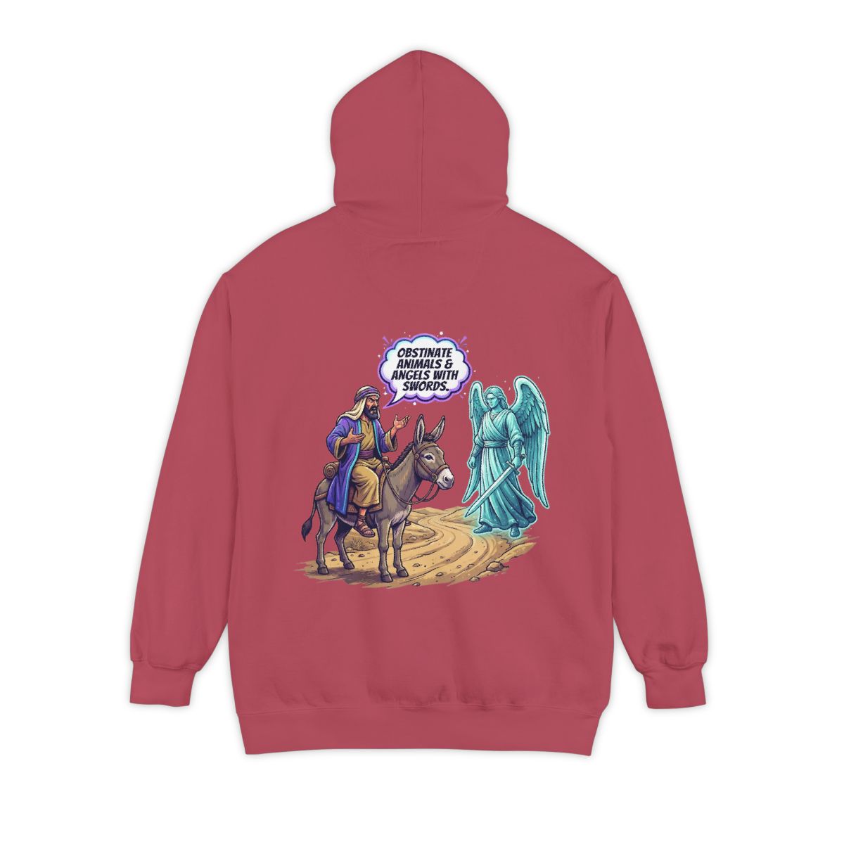 Color: Crimson | Good Book Series Obstinate Animals & Angels With Swords Garment-Dyed Hoodie
