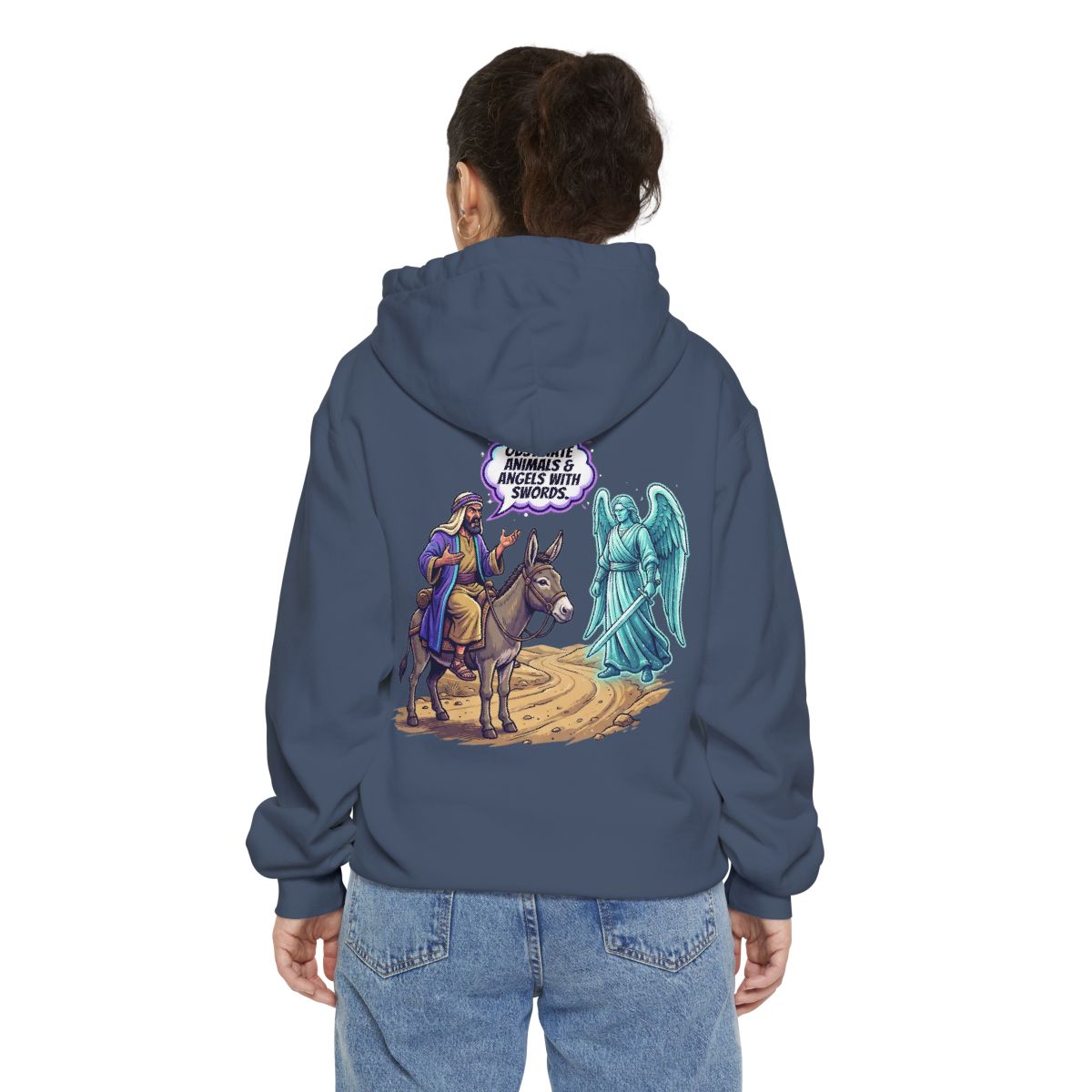 Color: Denim | Good Book Series Obstinate Animals & Angels With Swords Garment-Dyed Hoodie