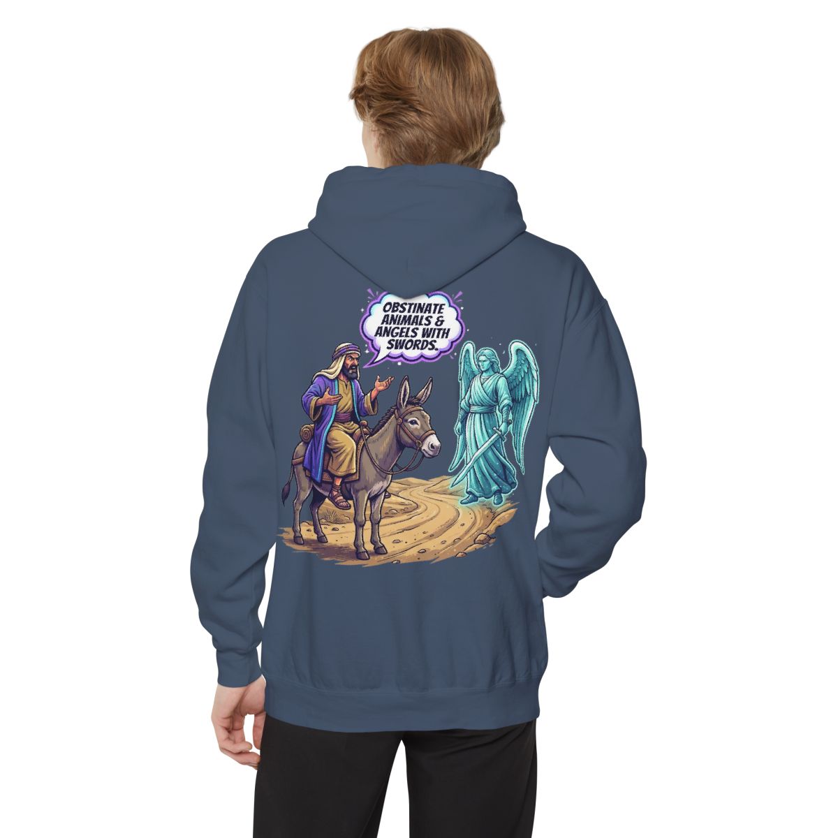 Color: Denim | Good Book Series Obstinate Animals & Angels With Swords Garment-Dyed Hoodie