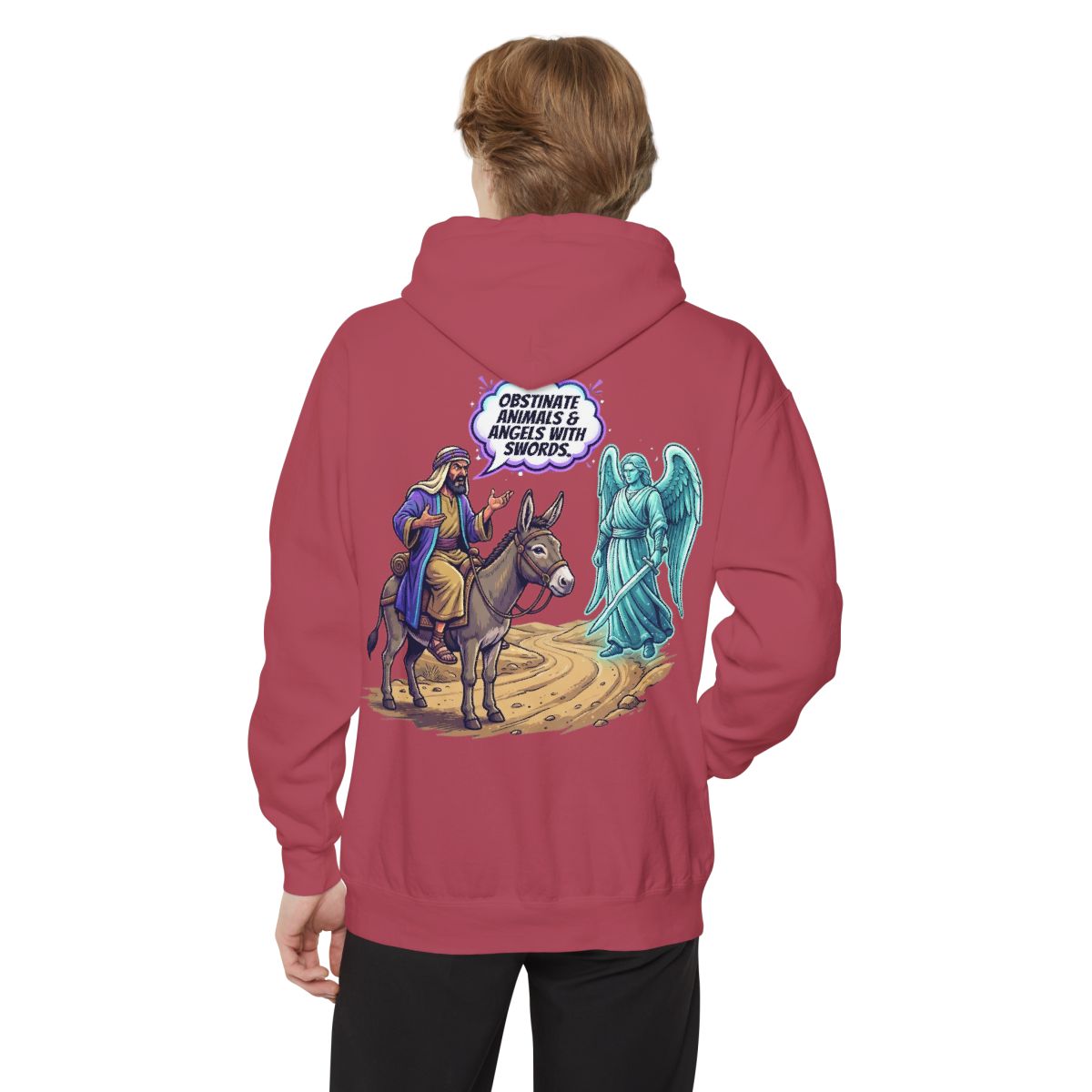 Color: Crimson | Good Book Series Obstinate Animals & Angels With Swords Garment-Dyed Hoodie