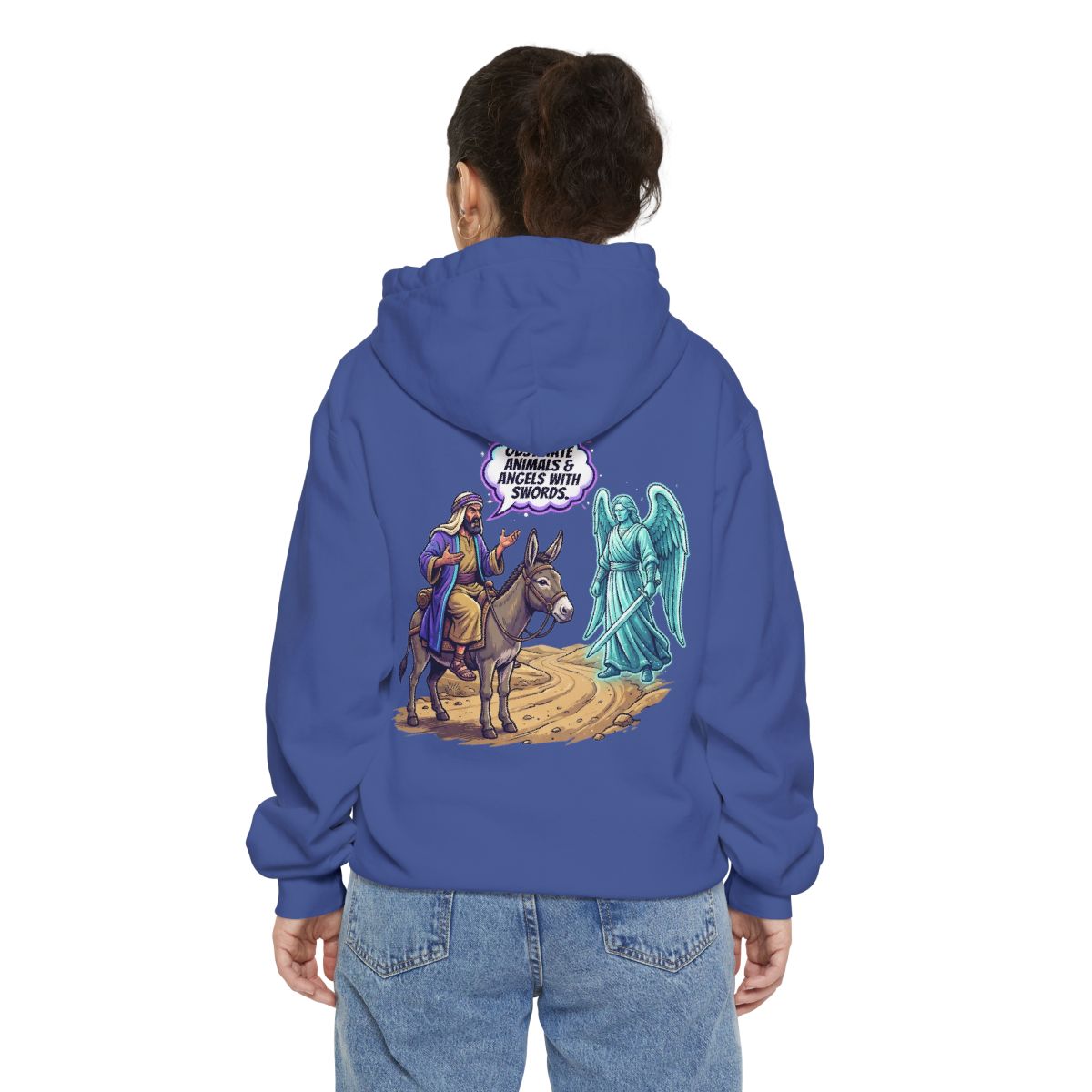 Color: Flo Blue | Good Book Series Obstinate Animals & Angels With Swords Garment-Dyed Hoodie