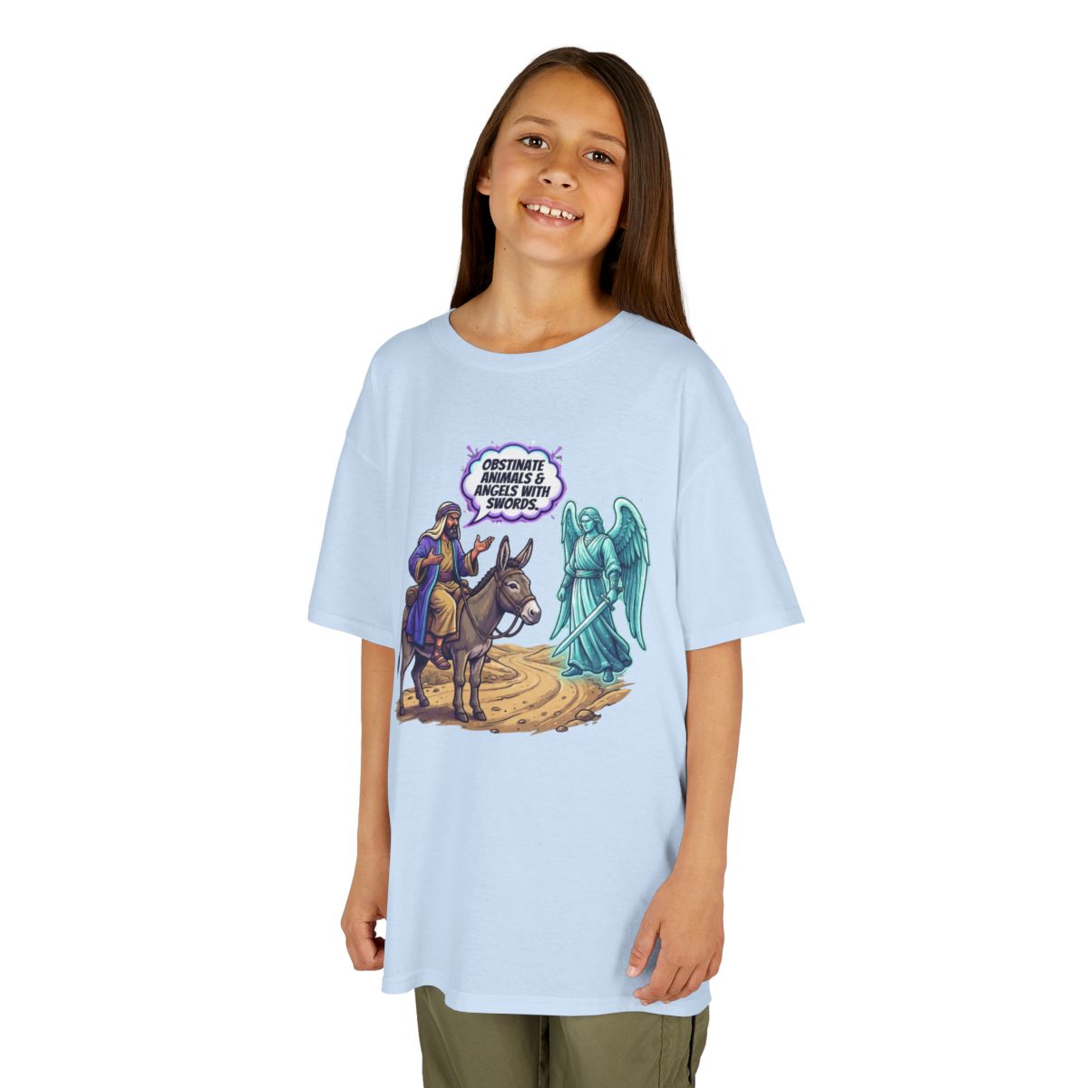 Color: Light Blue | Good Book Series Obstinate Animals & Angels With Swords Kids Tee