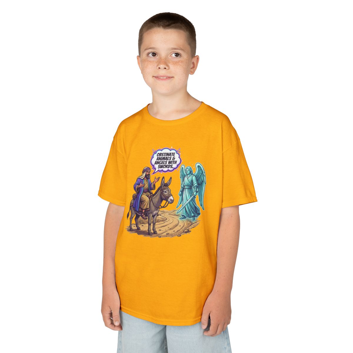 Color: Gold | Good Book Series Obstinate Animals & Angels With Swords Kids Tee