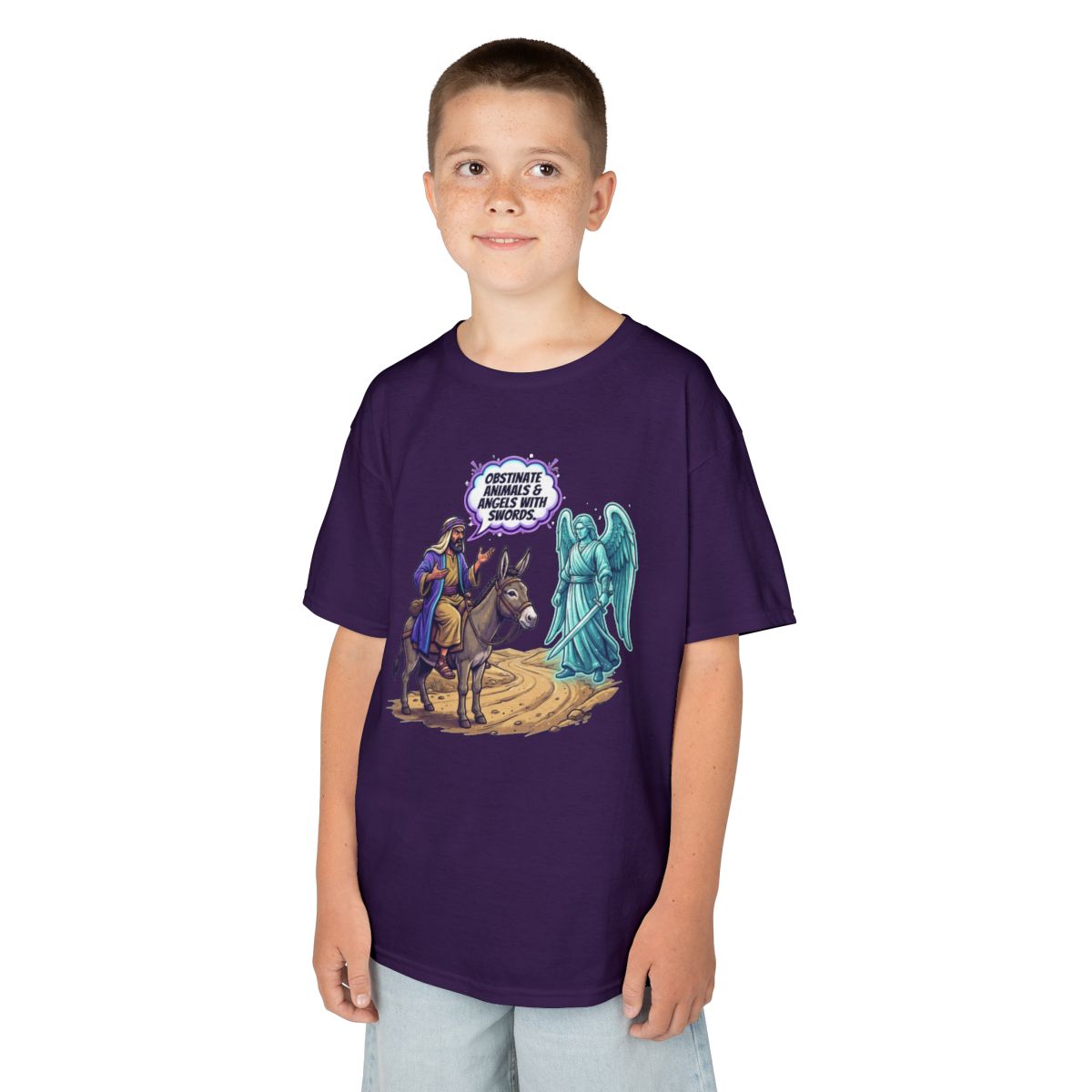 Color: Purple | Good Book Series Obstinate Animals & Angels With Swords Kids Tee