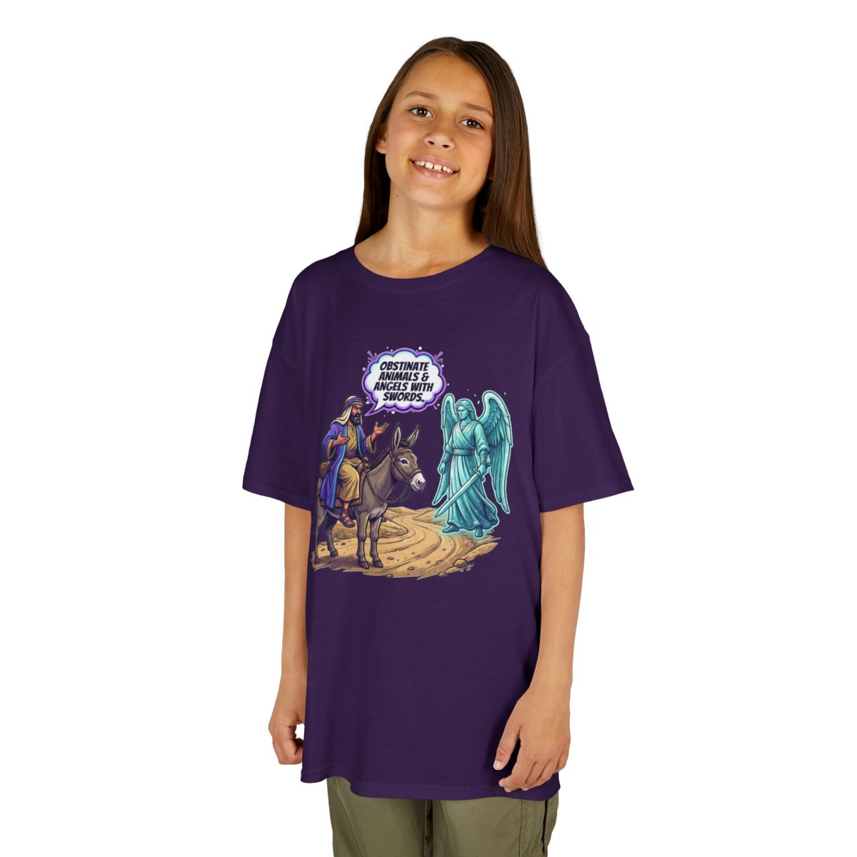 Color: Purple | Good Book Series Obstinate Animals & Angels With Swords Kids Tee
