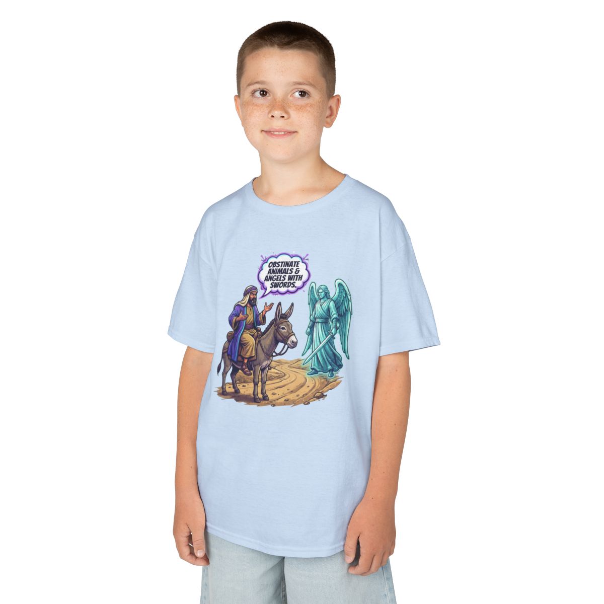 Color: Light Blue | Good Book Series Obstinate Animals & Angels With Swords Kids Tee