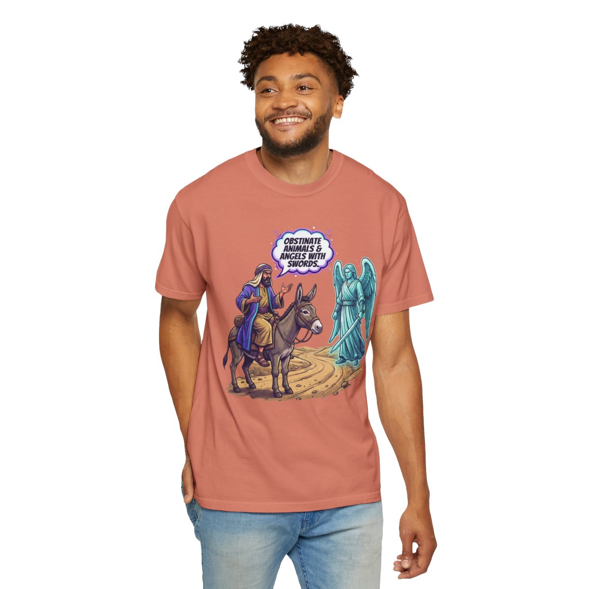 Color: Terracotta | Good Book Series Obstinate Animals & Angels With Swords Unisex Garment-Dyed Tee
