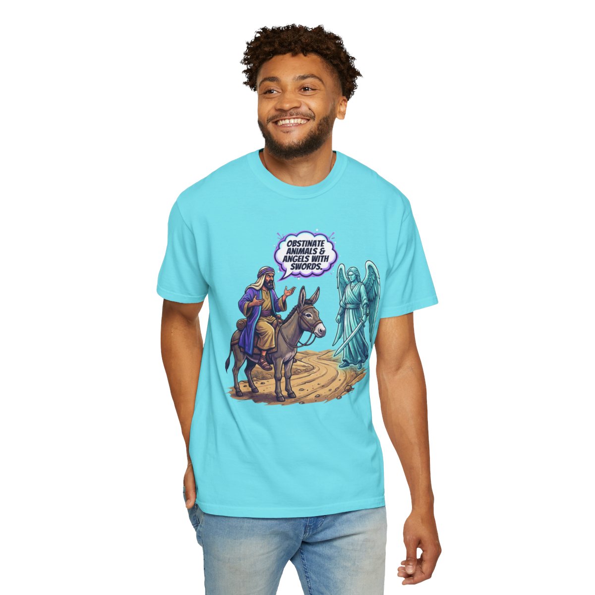 Color: Lagoon Blue | Good Book Series Obstinate Animals & Angels With Swords Unisex Garment-Dyed Tee