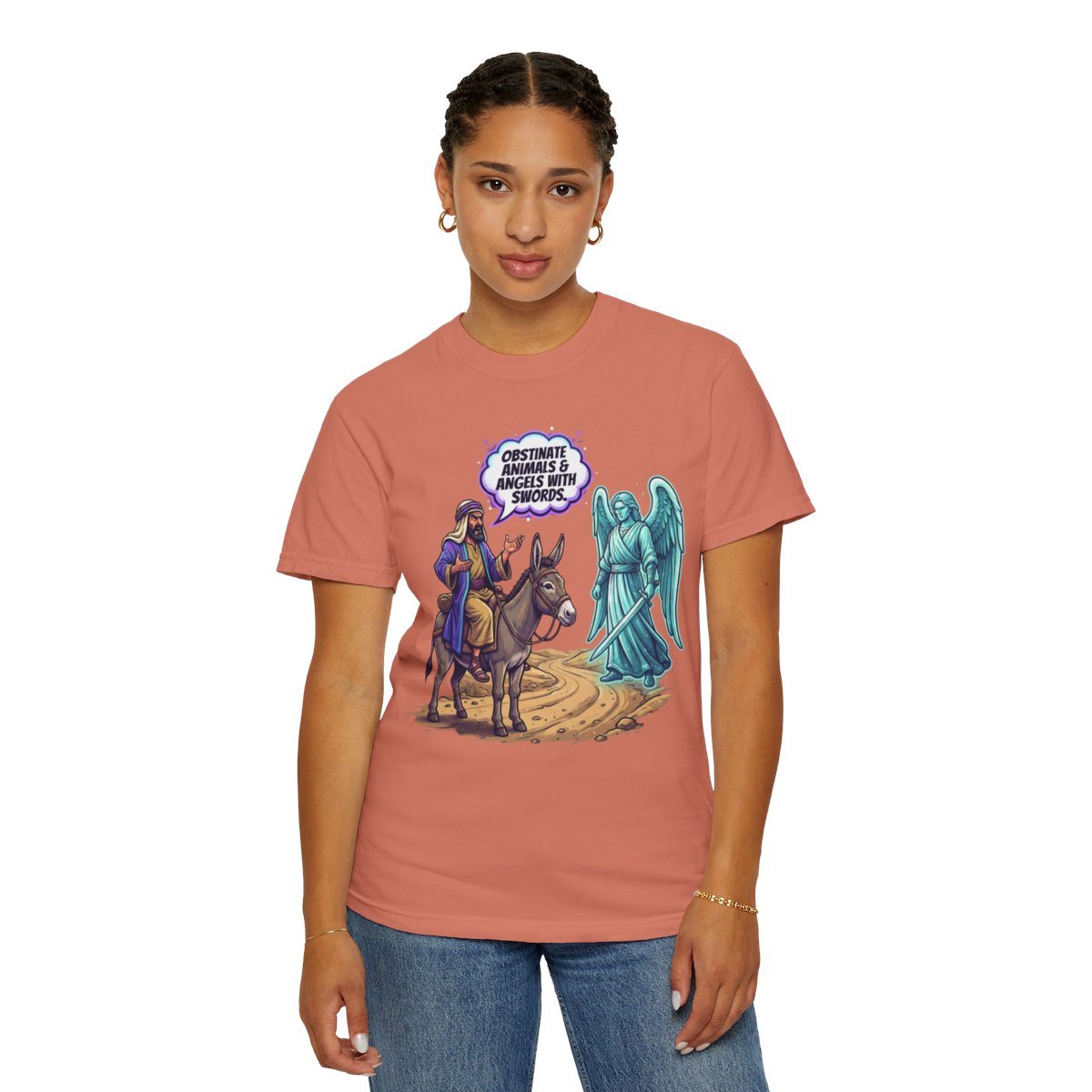 Color: Terracotta | Good Book Series Obstinate Animals & Angels With Swords Unisex Garment-Dyed Tee