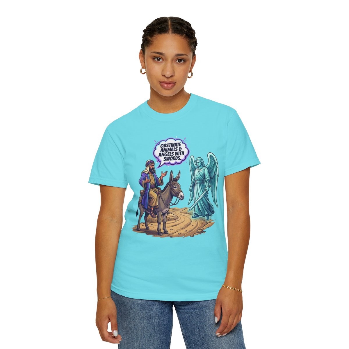 Color: Lagoon Blue | Good Book Series Obstinate Animals & Angels With Swords Unisex Garment-Dyed Tee
